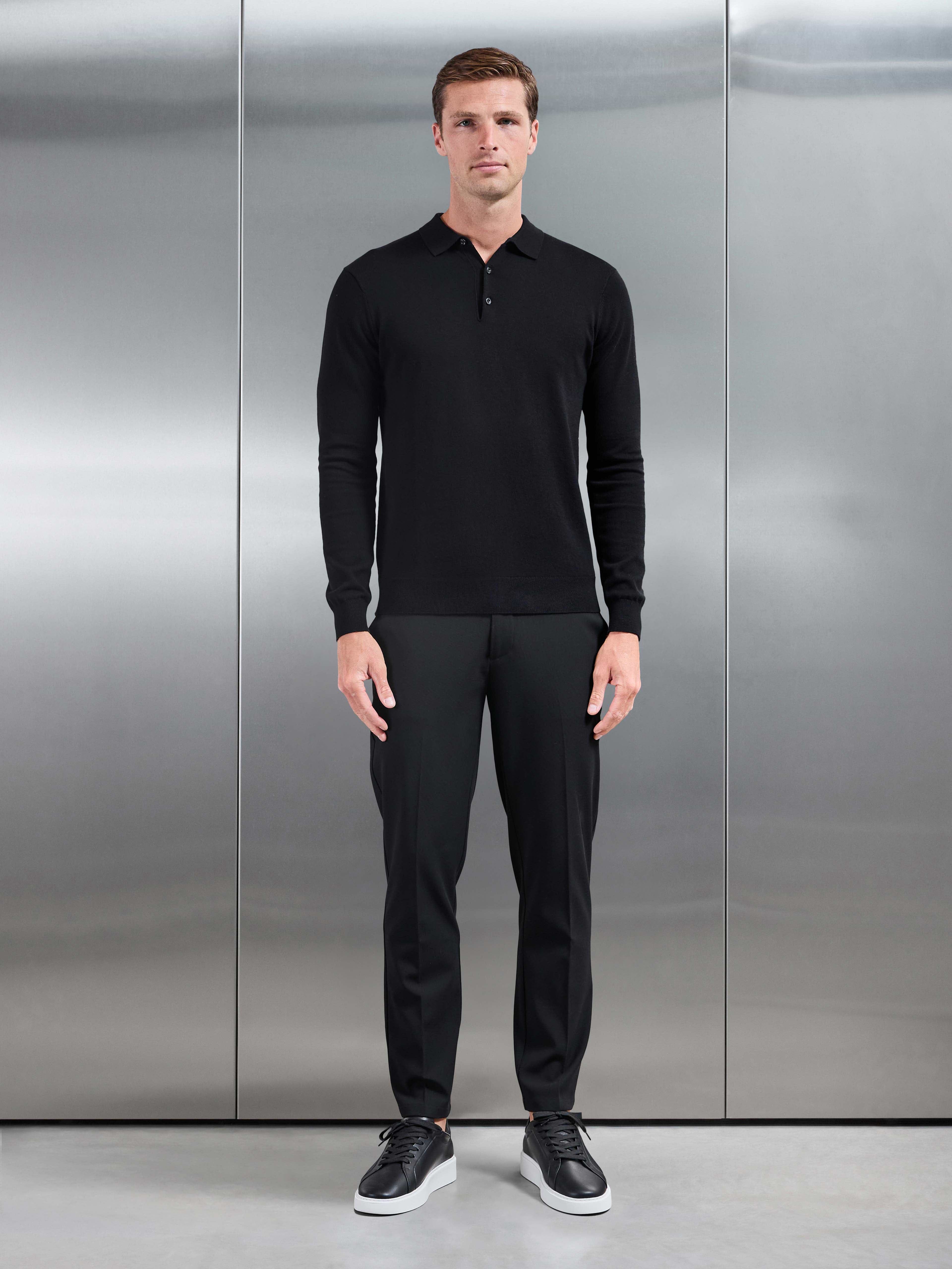 Cotton Knitted Long Sleeve Button Polo Shirt in Black