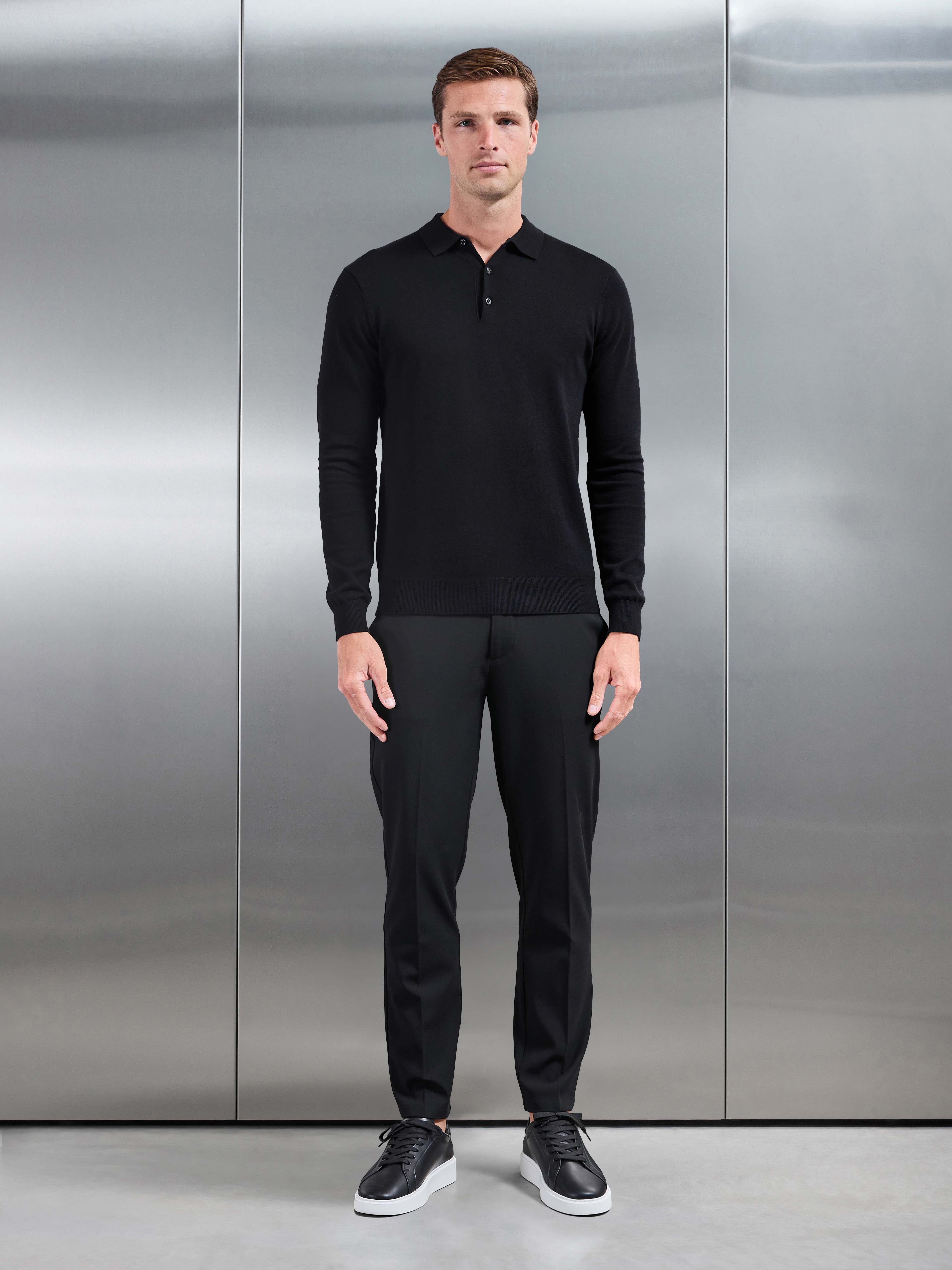 Cotton Knitted Long Sleeve Button Polo Shirt in Black