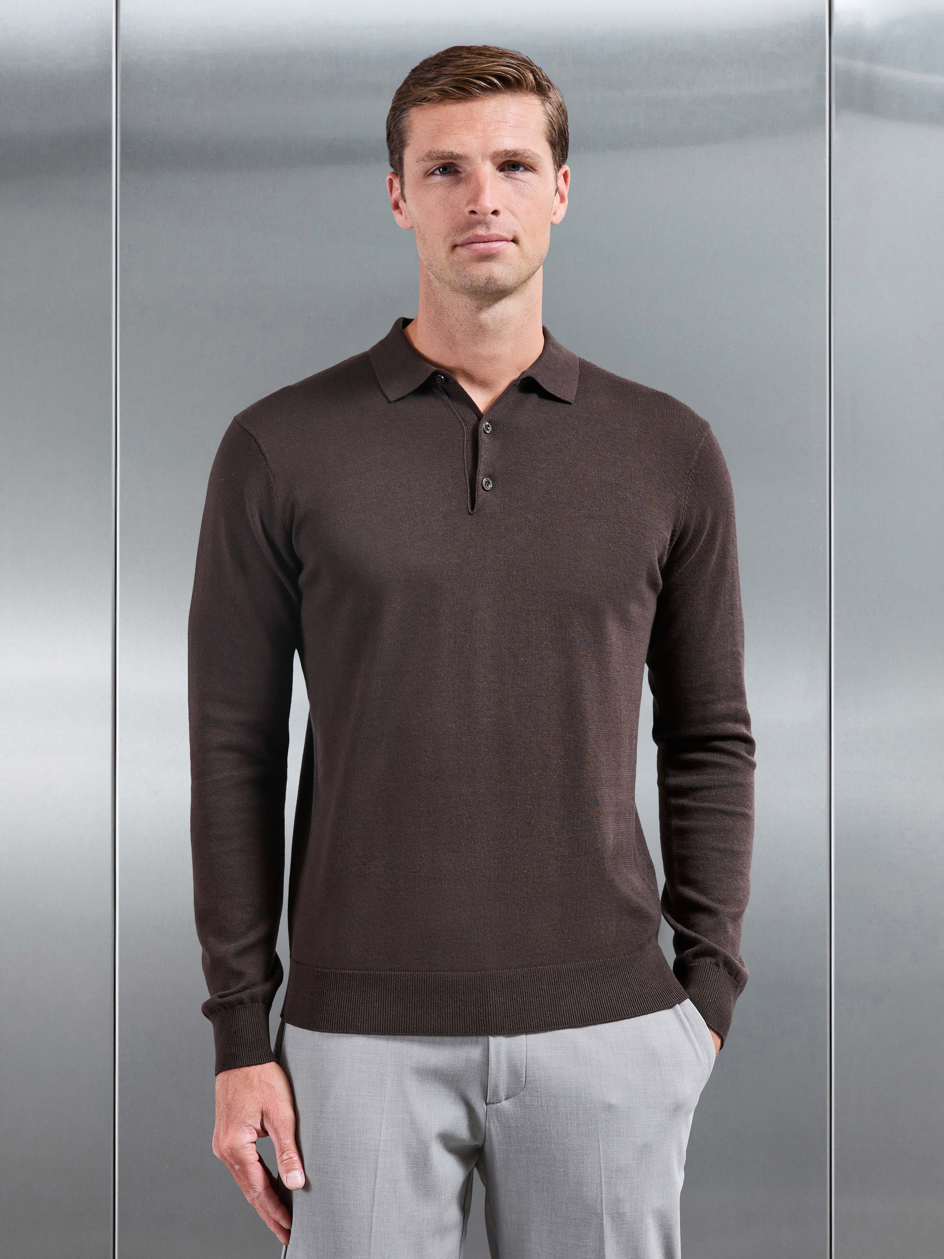 Cotton Knitted Long Sleeve Button Polo Shirt in Brown