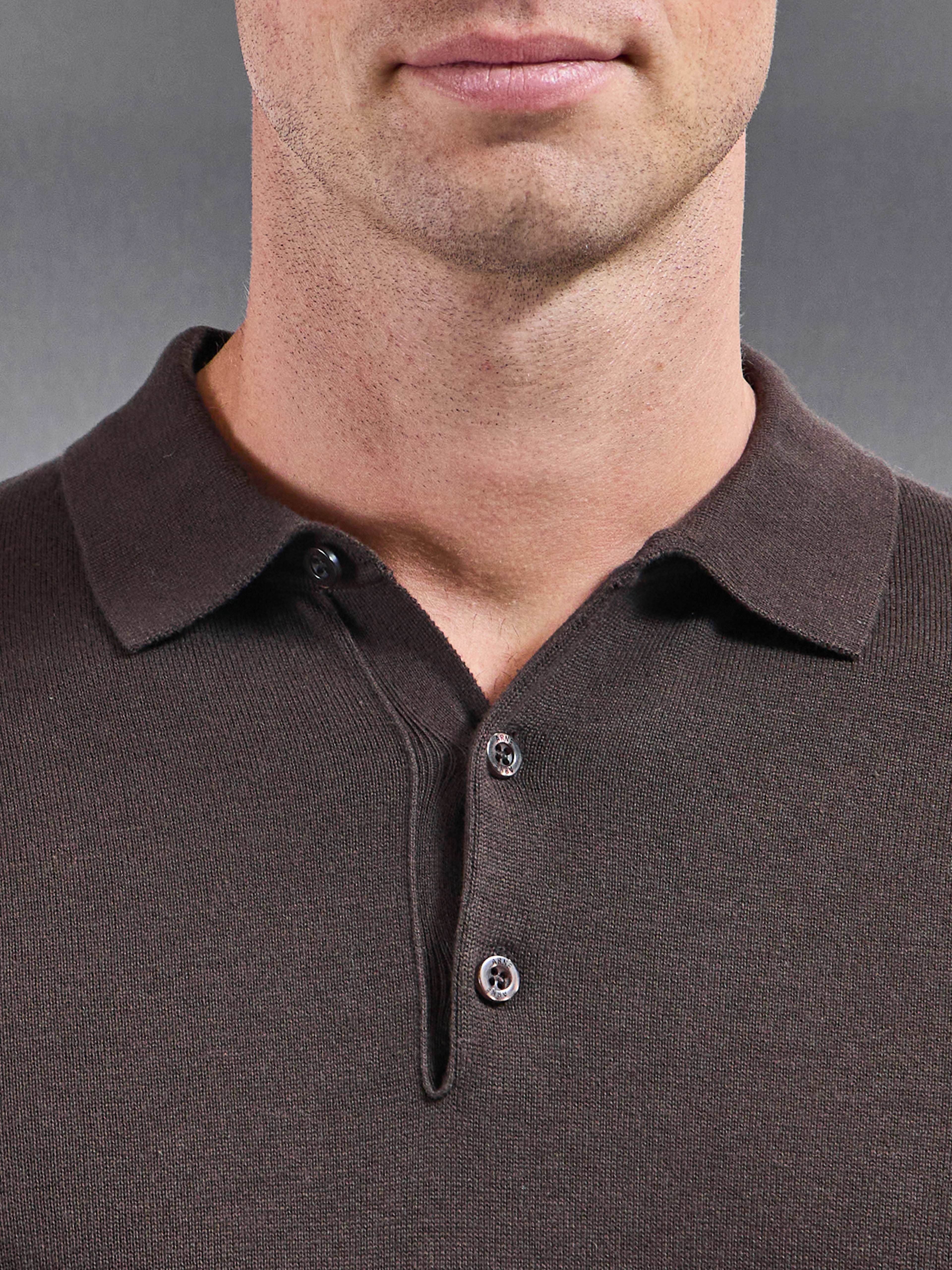 Cotton Knitted Long Sleeve Button Polo Shirt in Brown
