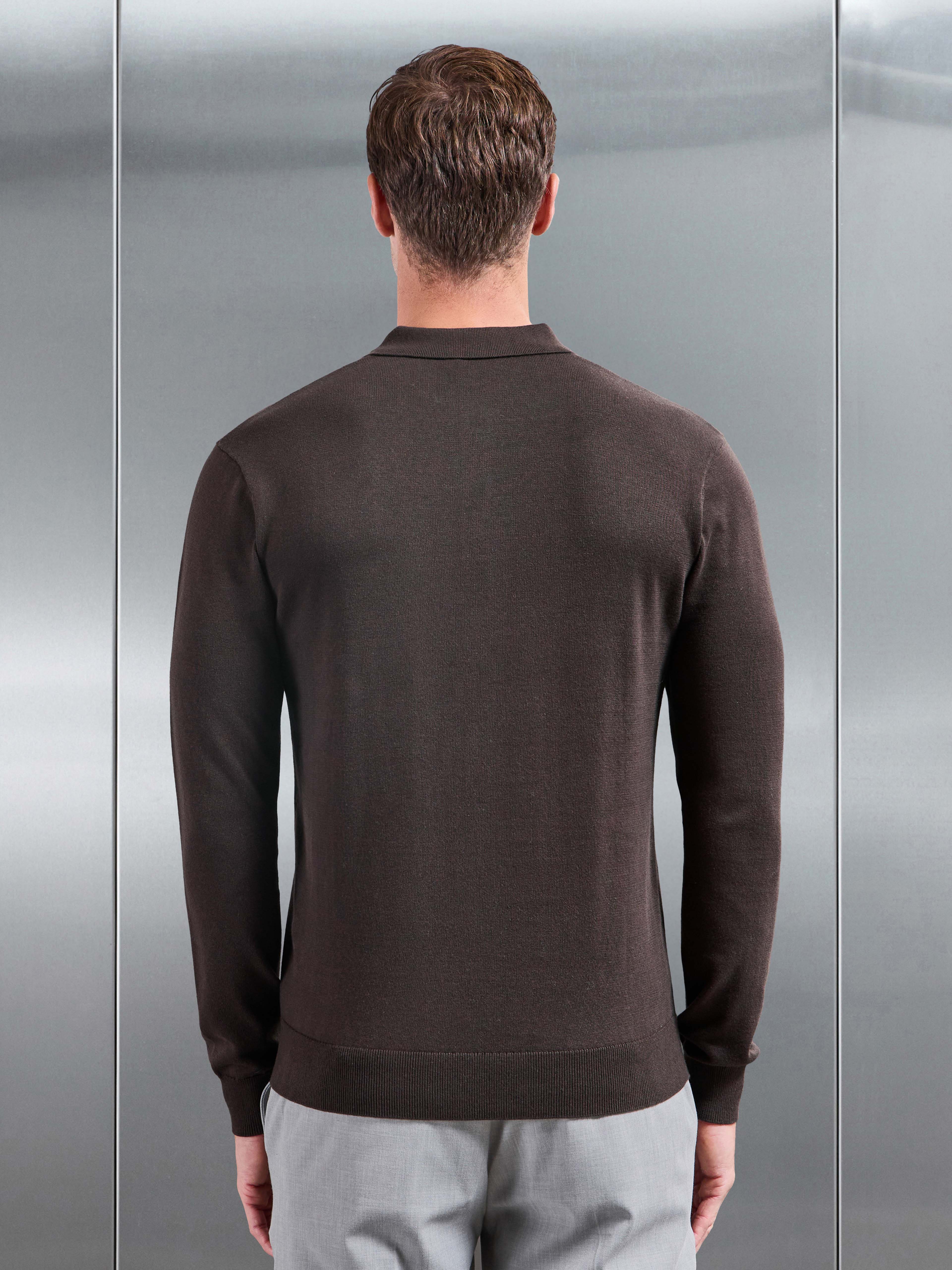 Cotton Knitted Long Sleeve Button Polo Shirt in Brown