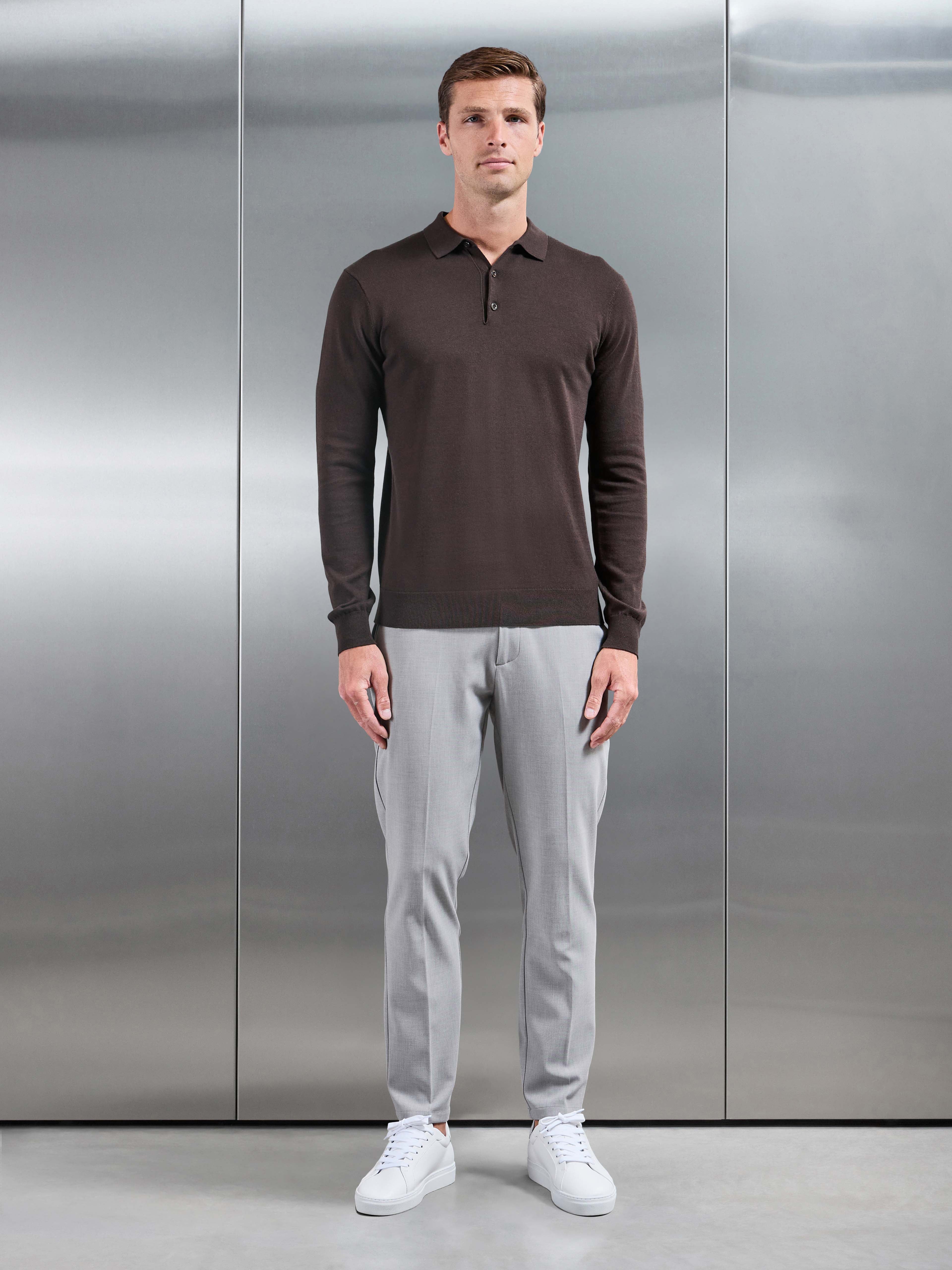 Cotton Knitted Long Sleeve Button Polo Shirt in Brown