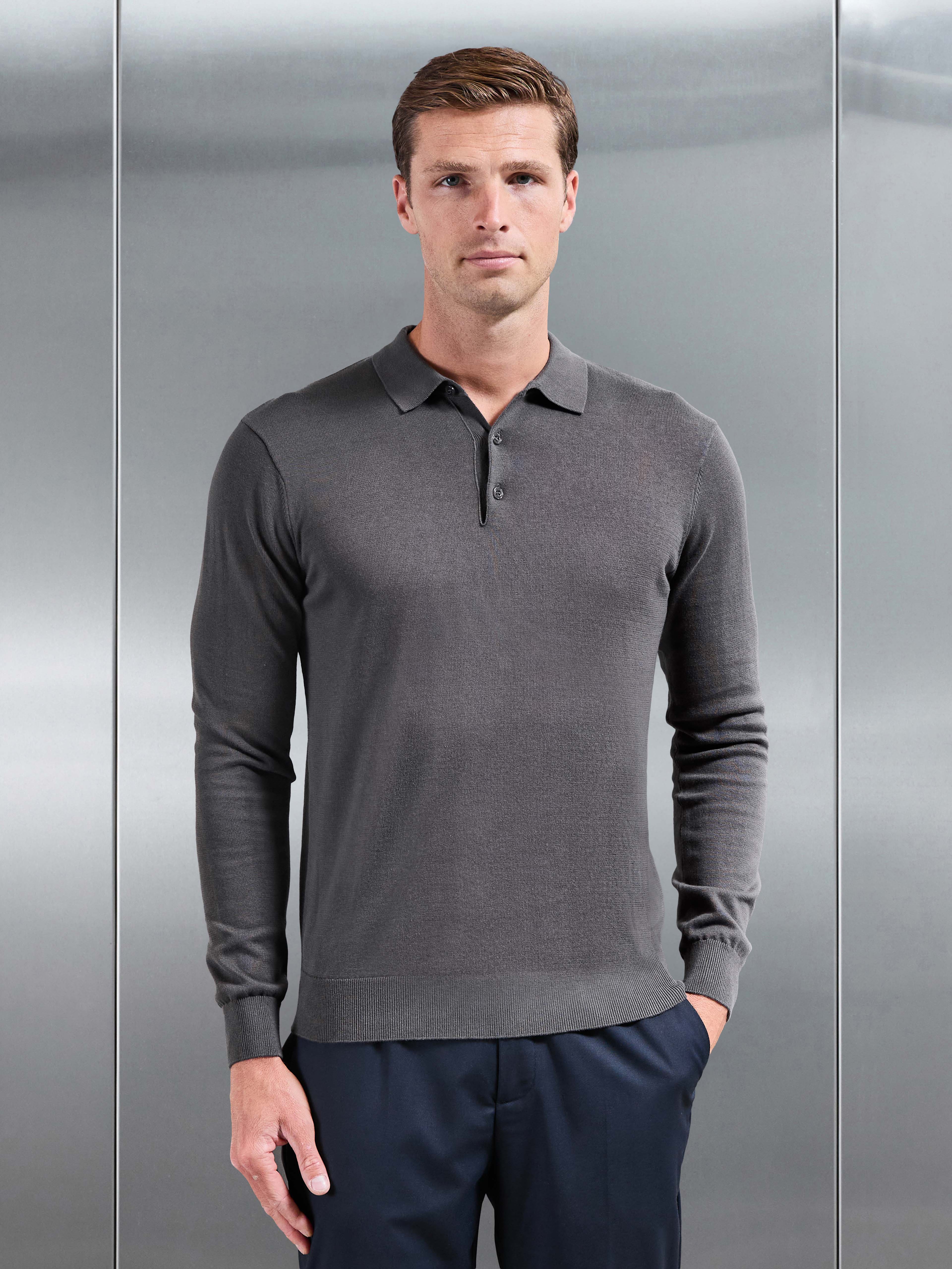 Cotton Knitted Long Sleeve Button Polo Shirt in Grey