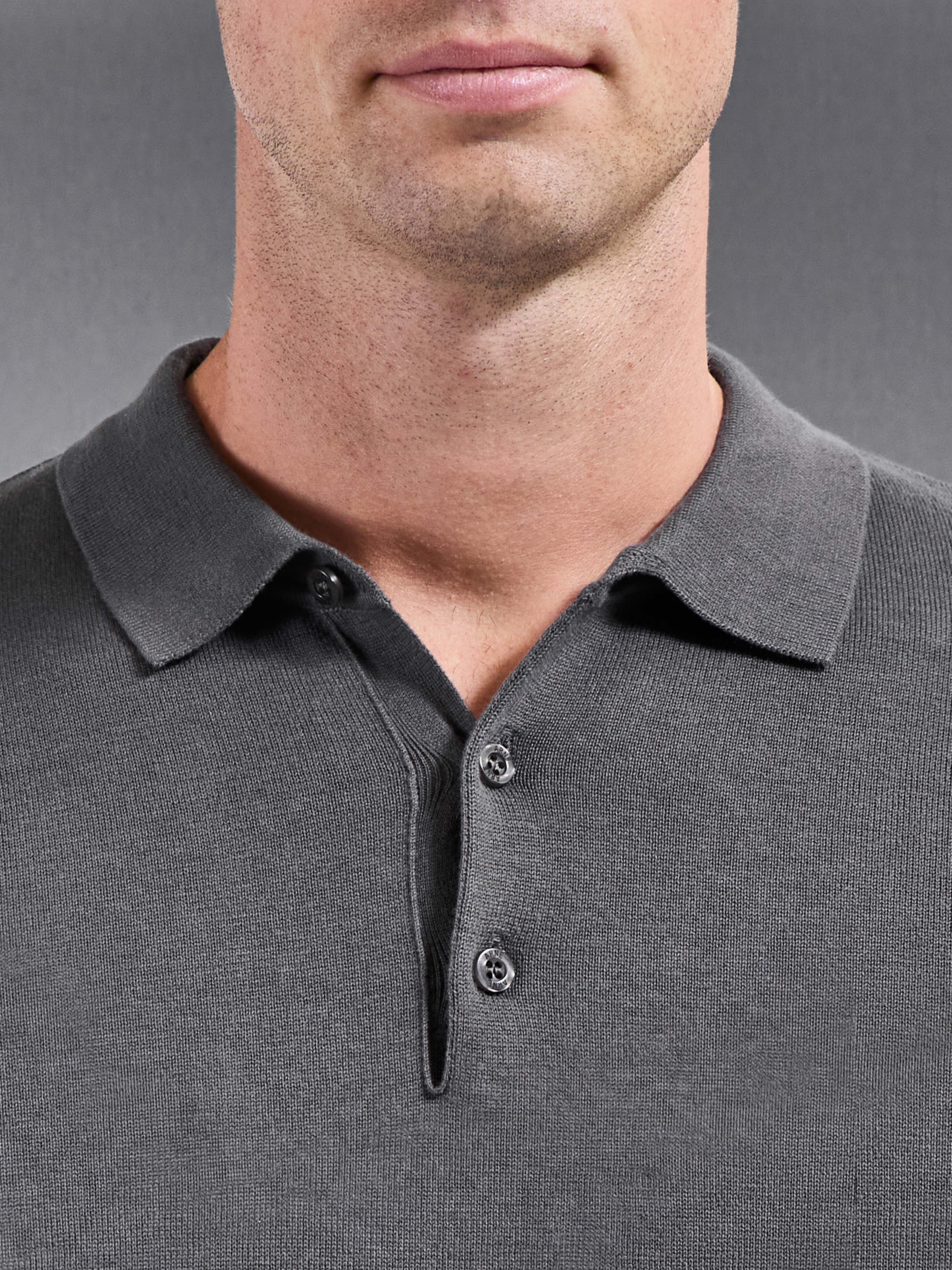 Cotton Knitted Long Sleeve Button Polo Shirt in Grey