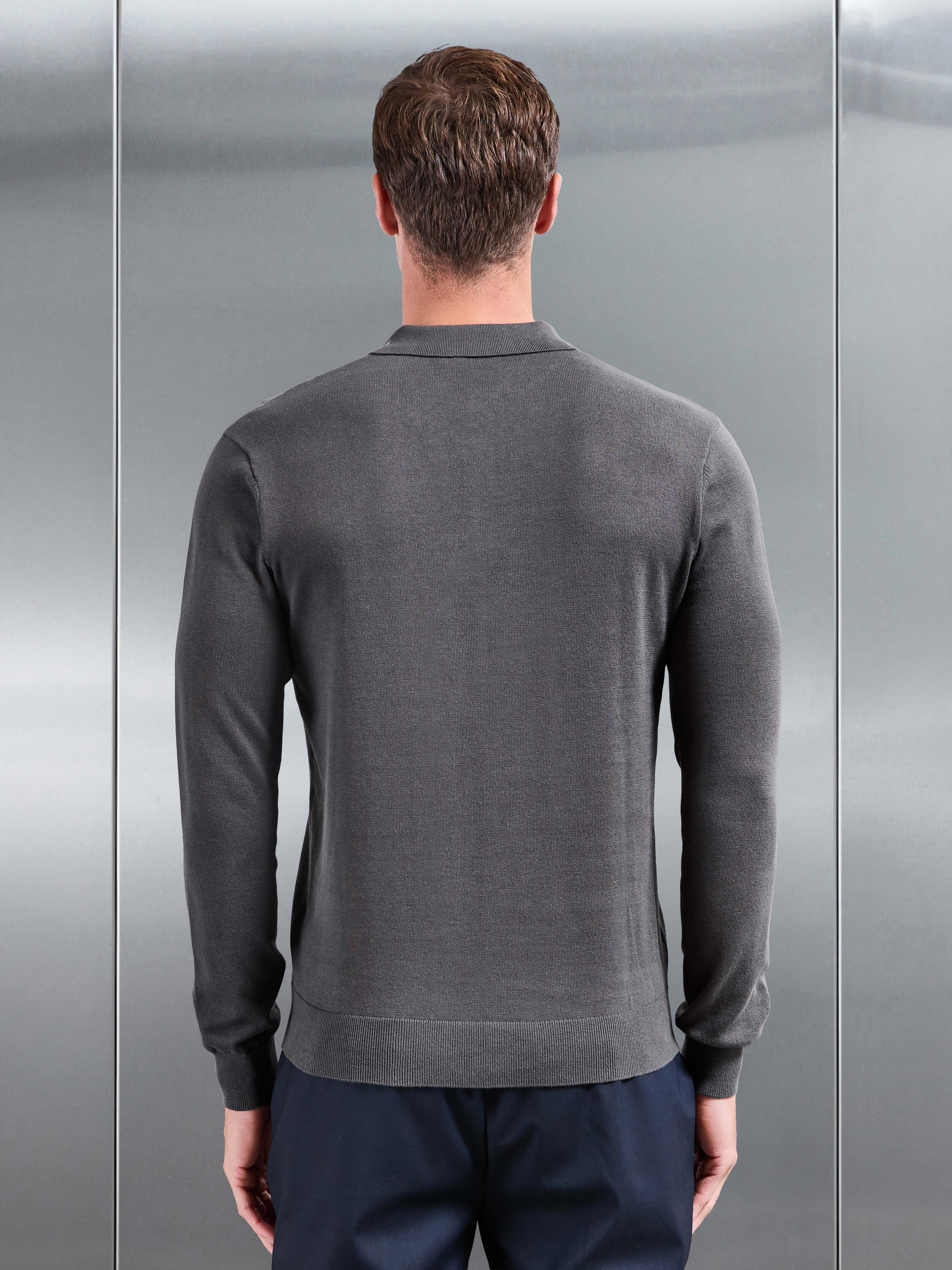 Cotton Knitted Long Sleeve Button Polo Shirt in Grey