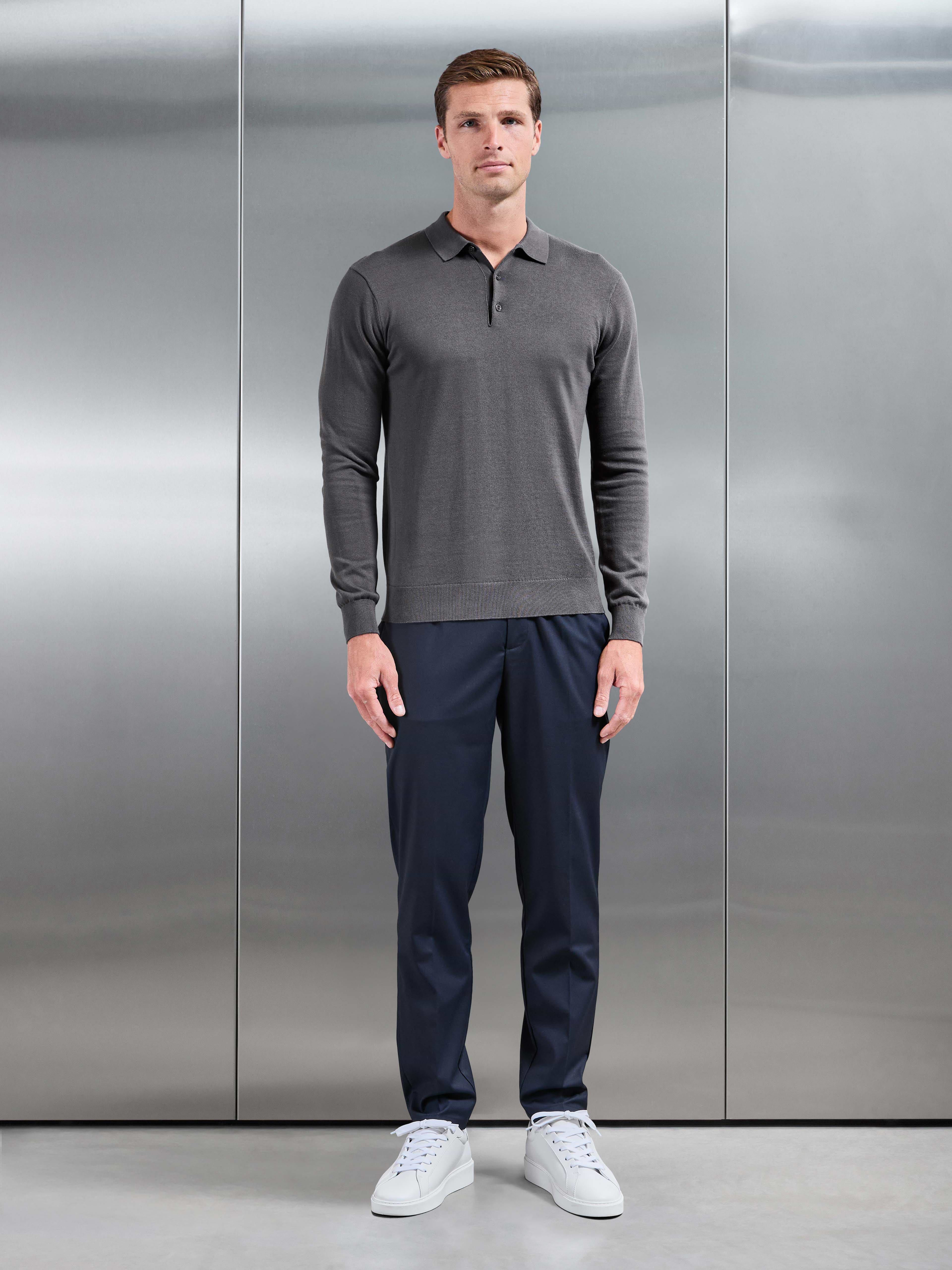 Cotton Knitted Long Sleeve Button Polo Shirt in Grey
