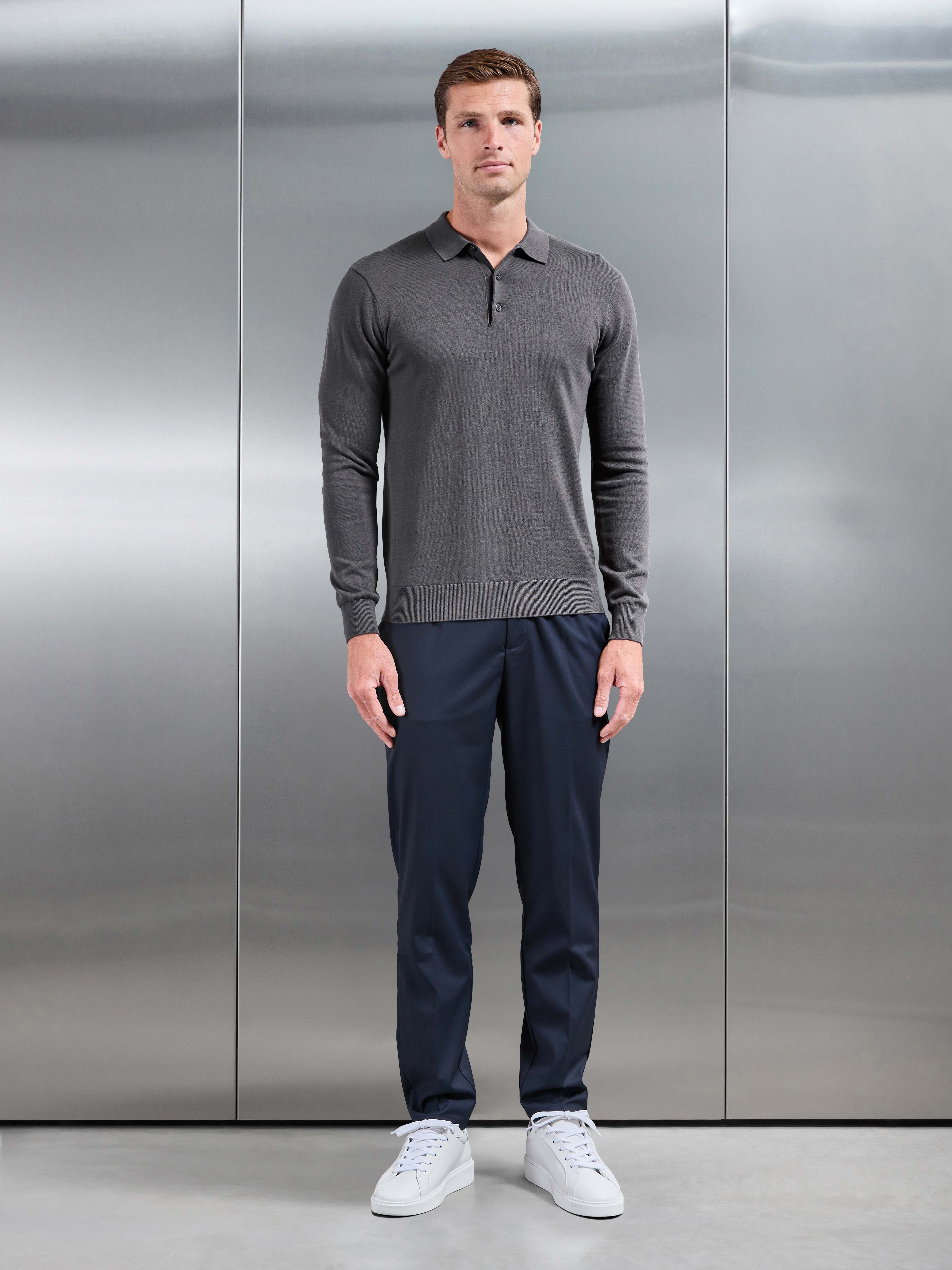 Cotton Knitted Long Sleeve Button Polo Shirt in Grey
