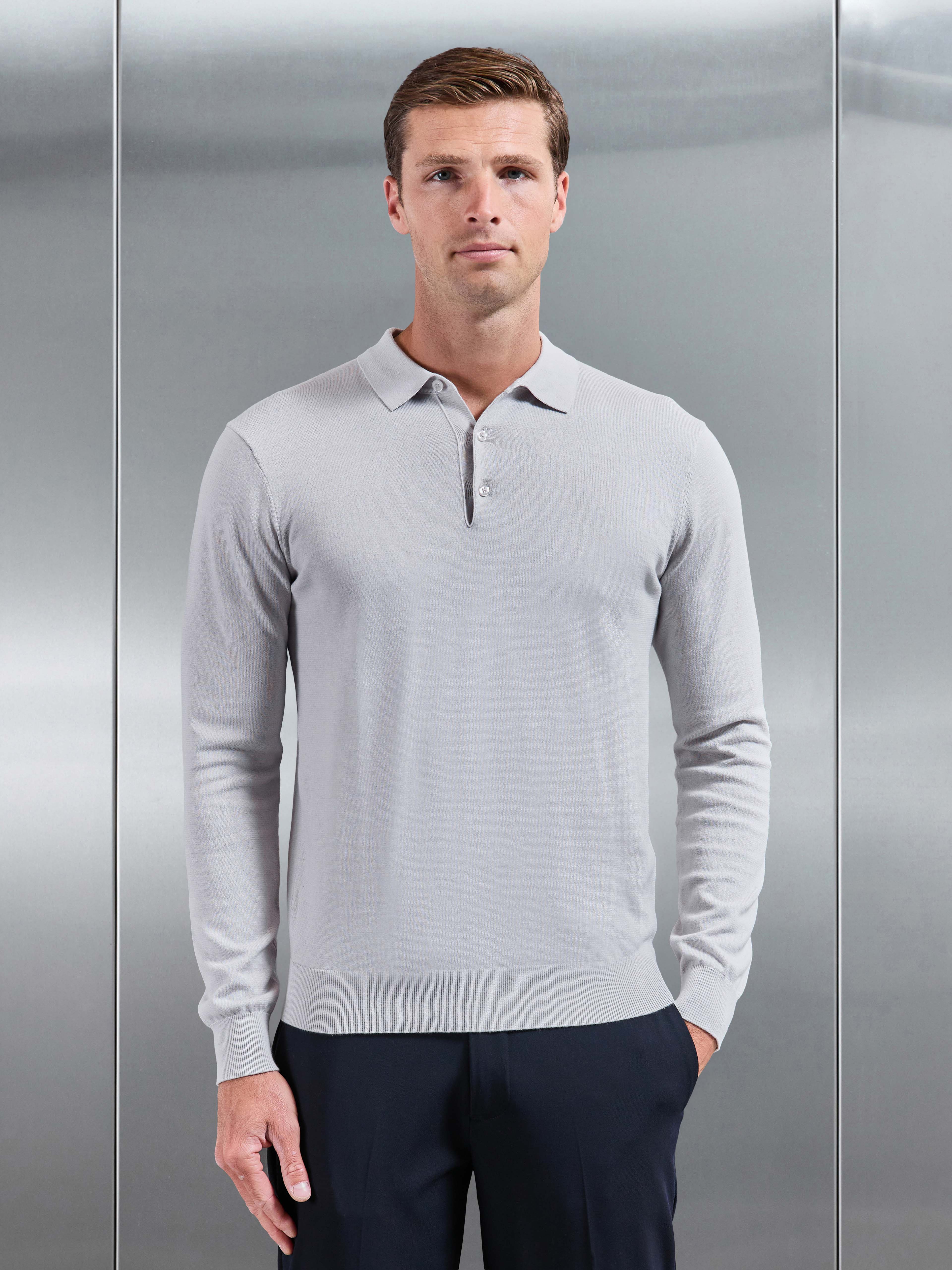 Cotton Knitted Long Sleeve Button Polo Shirt in Mid Grey