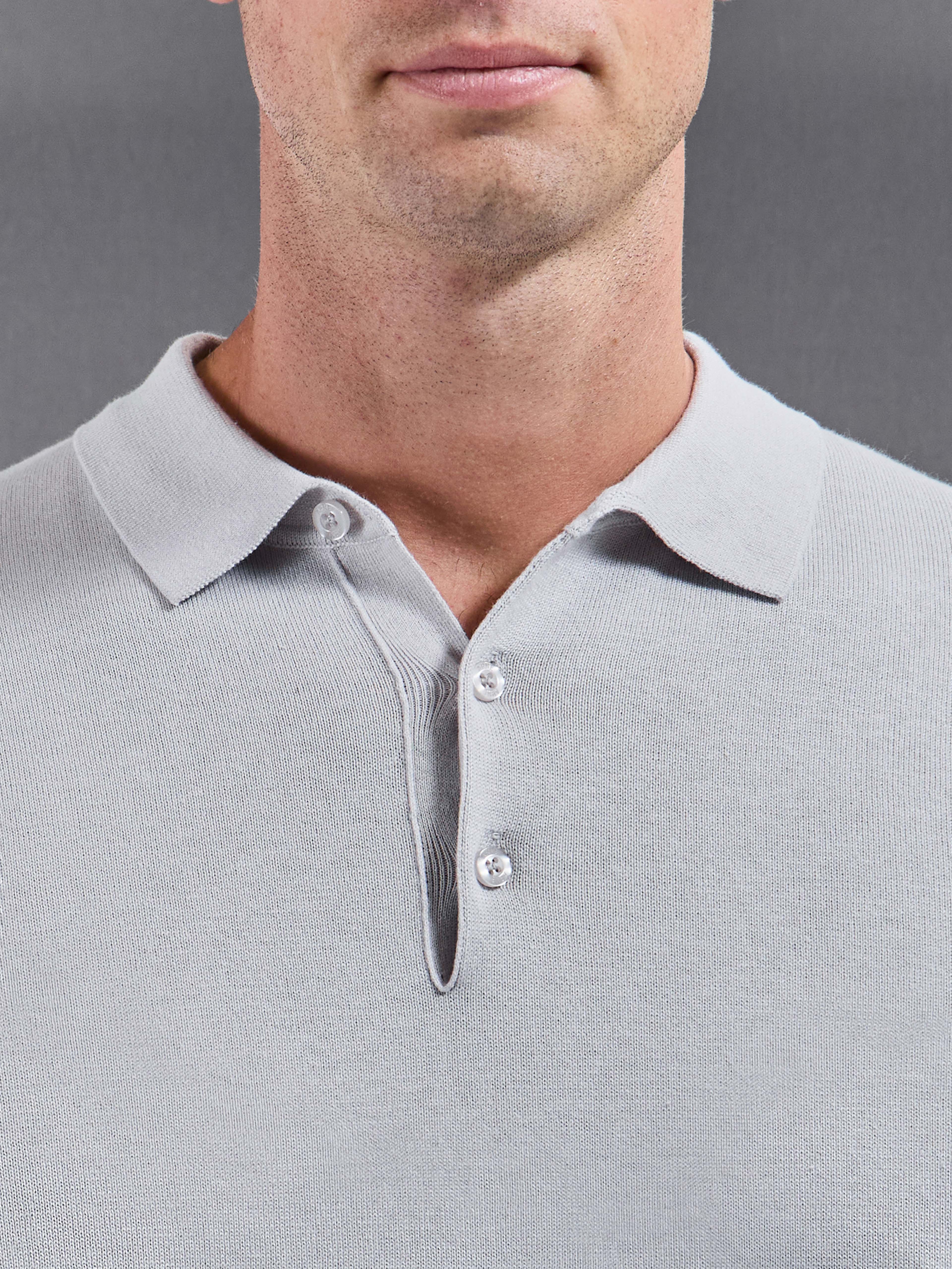 Cotton Knitted Long Sleeve Button Polo Shirt in Mid Grey