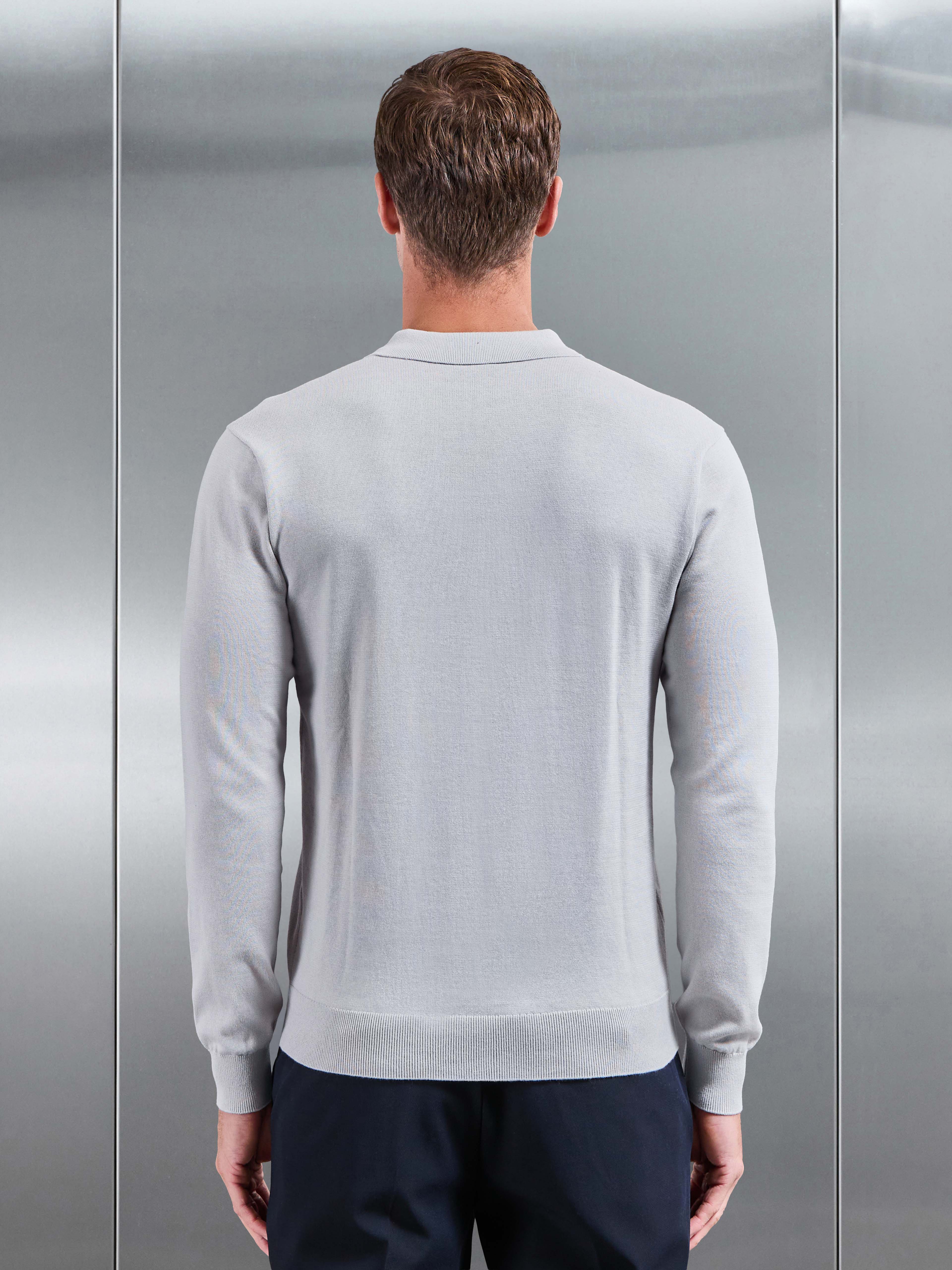 Cotton Knitted Long Sleeve Button Polo Shirt in Mid Grey