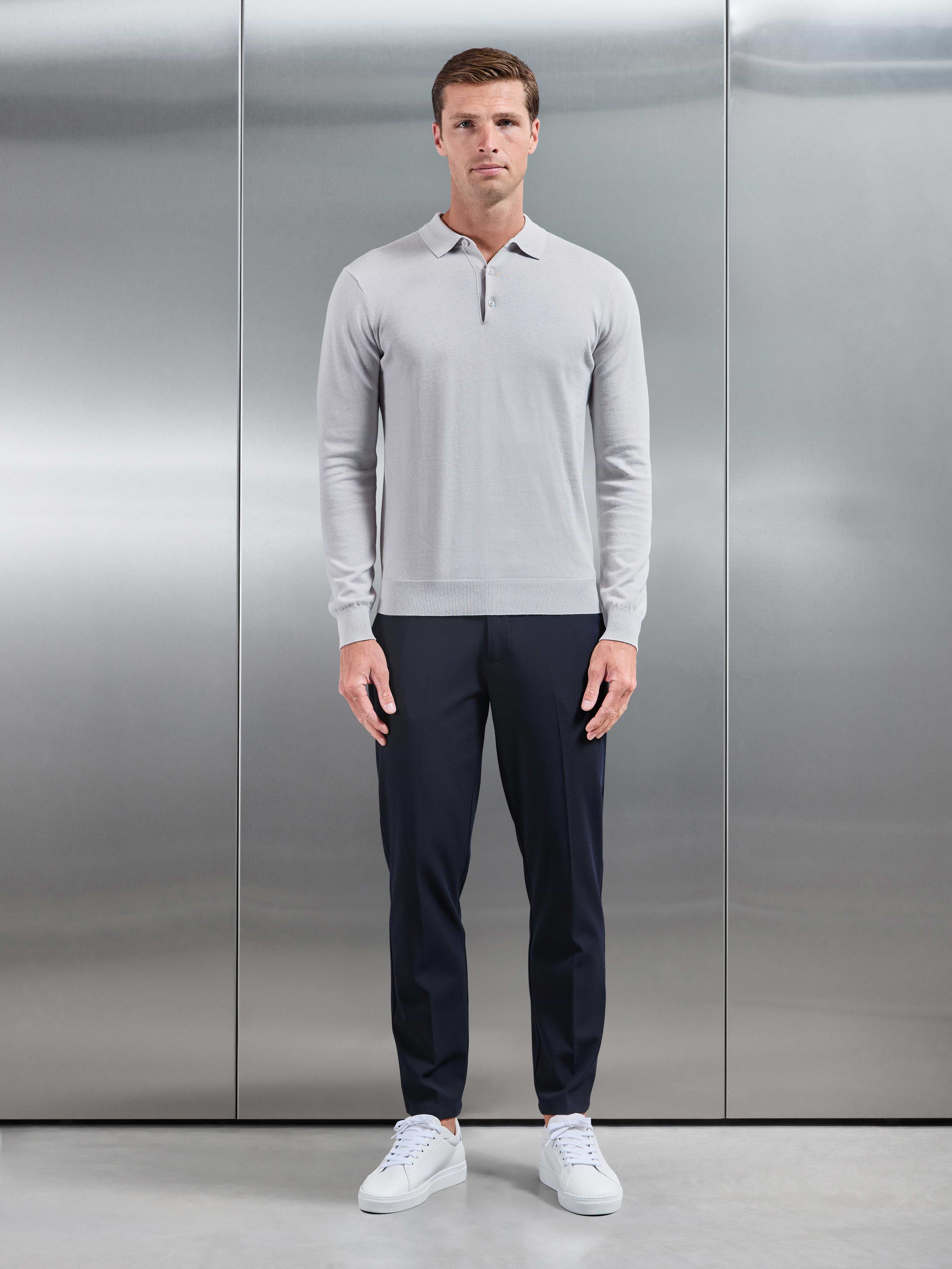Cotton Knitted Long Sleeve Button Polo Shirt in Mid Grey