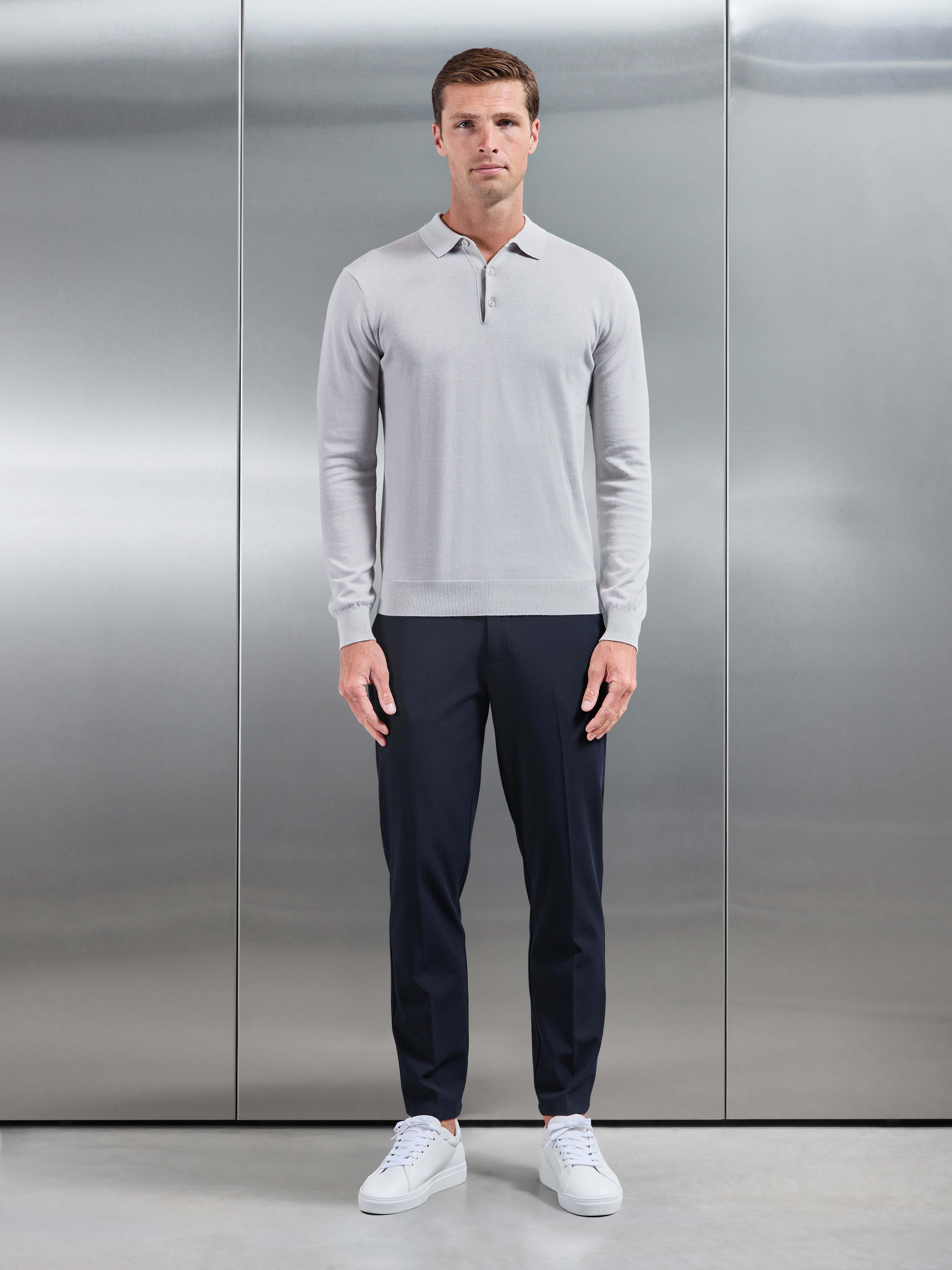 Cotton Knitted Long Sleeve Button Polo Shirt in Mid Grey