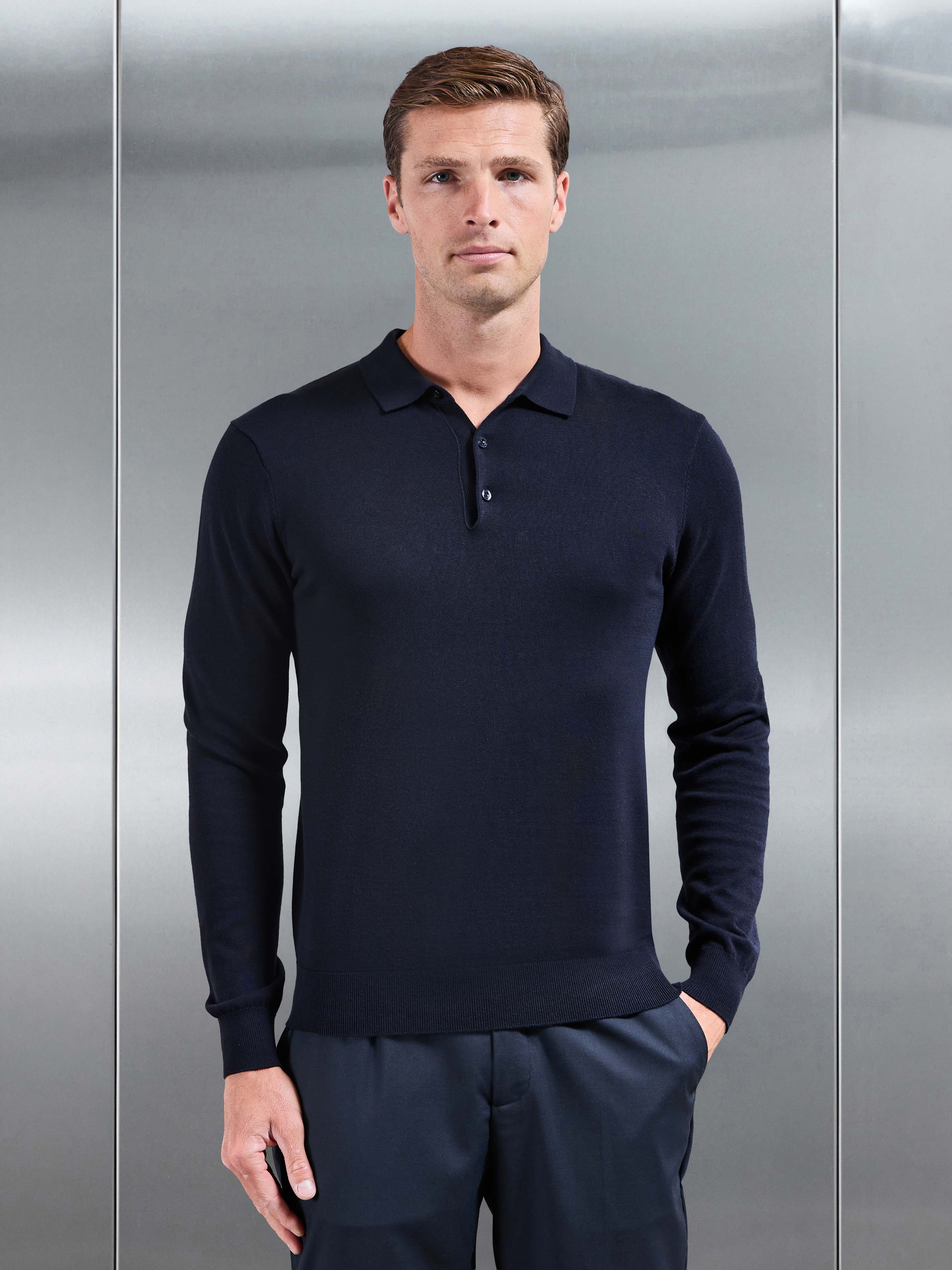 Cotton Knitted Long Sleeve Button Polo Shirt in Navy