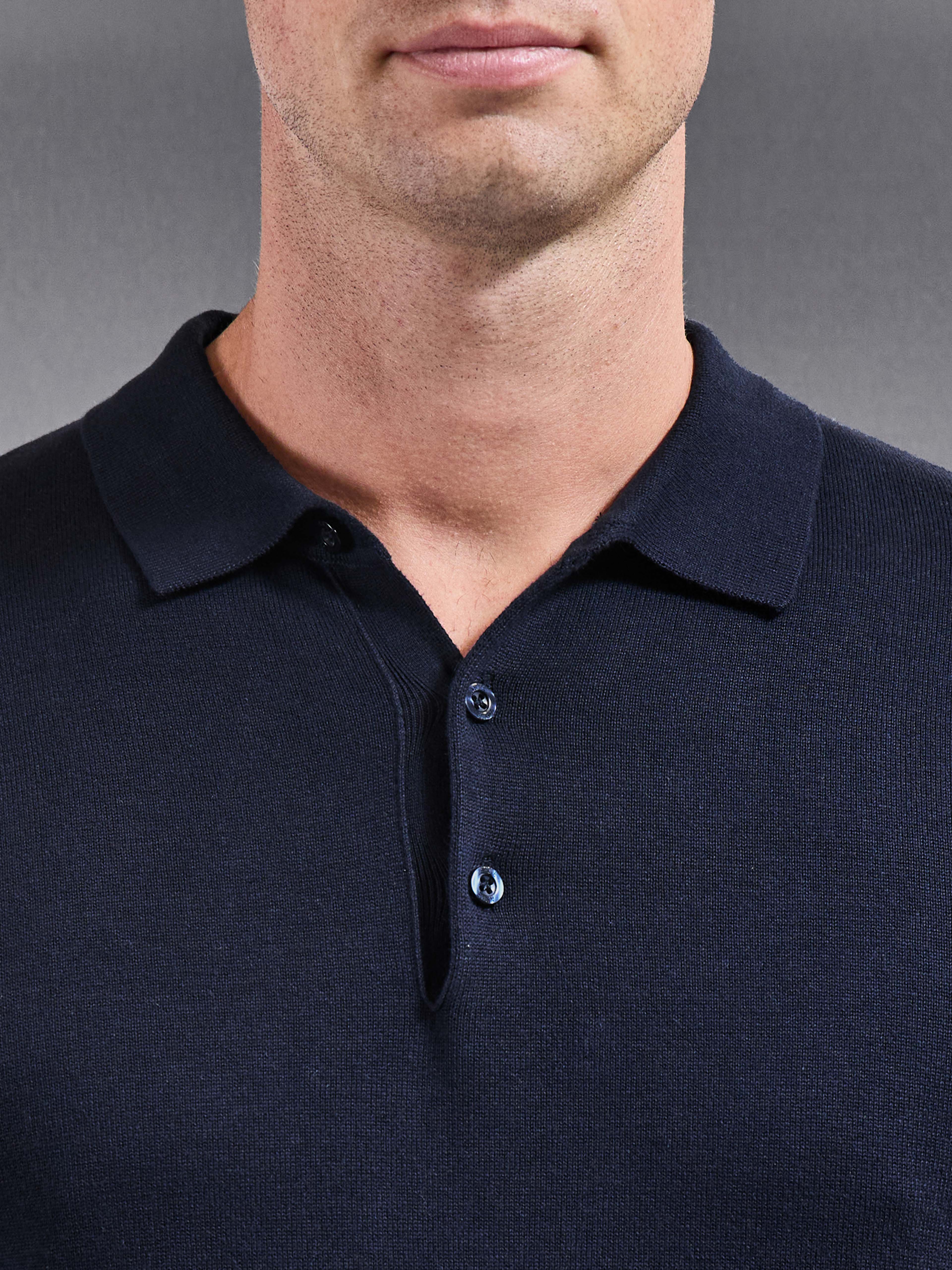 Cotton Knitted Long Sleeve Button Polo Shirt in Navy
