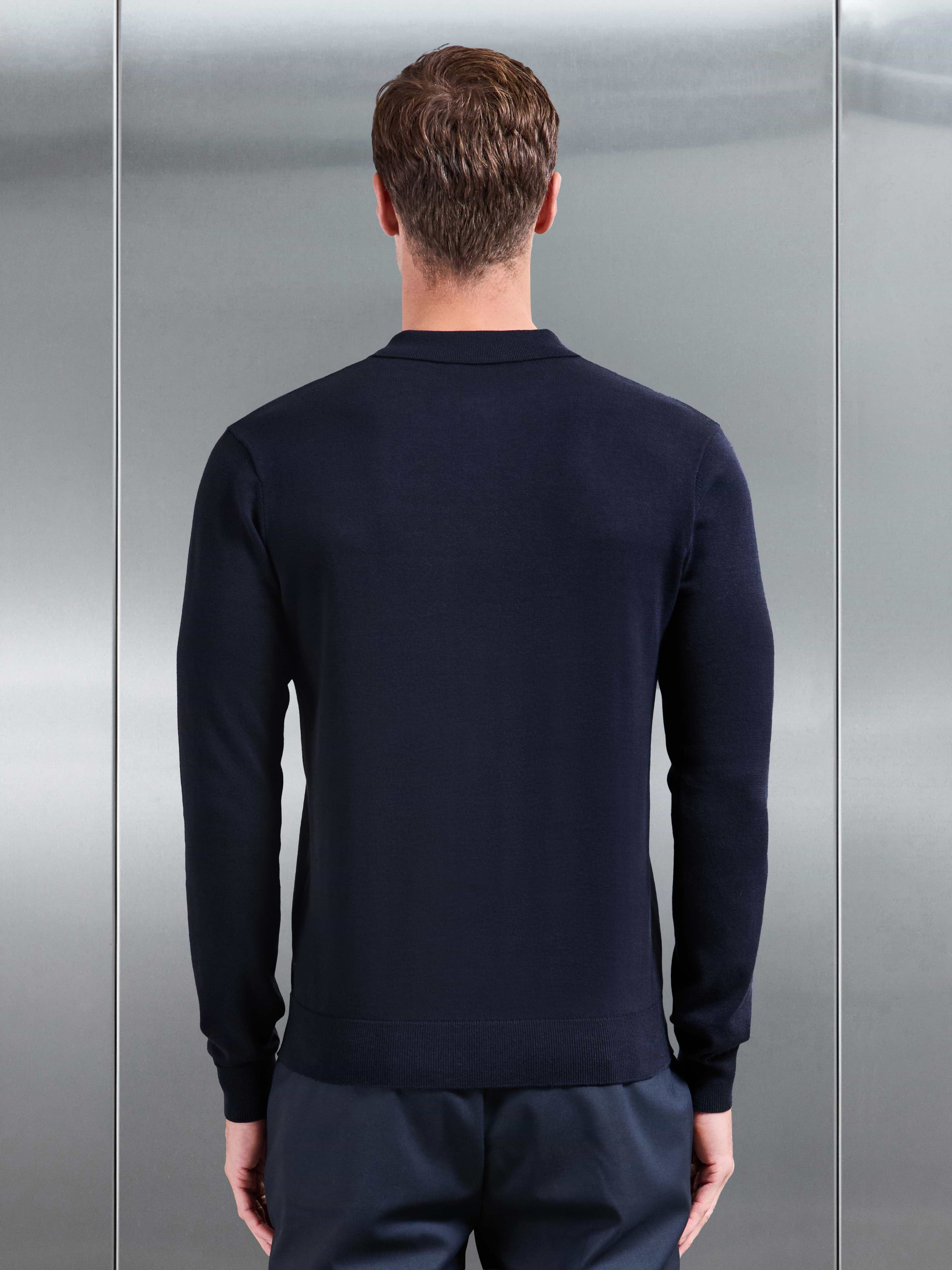 Cotton Knitted Long Sleeve Button Polo Shirt in Navy