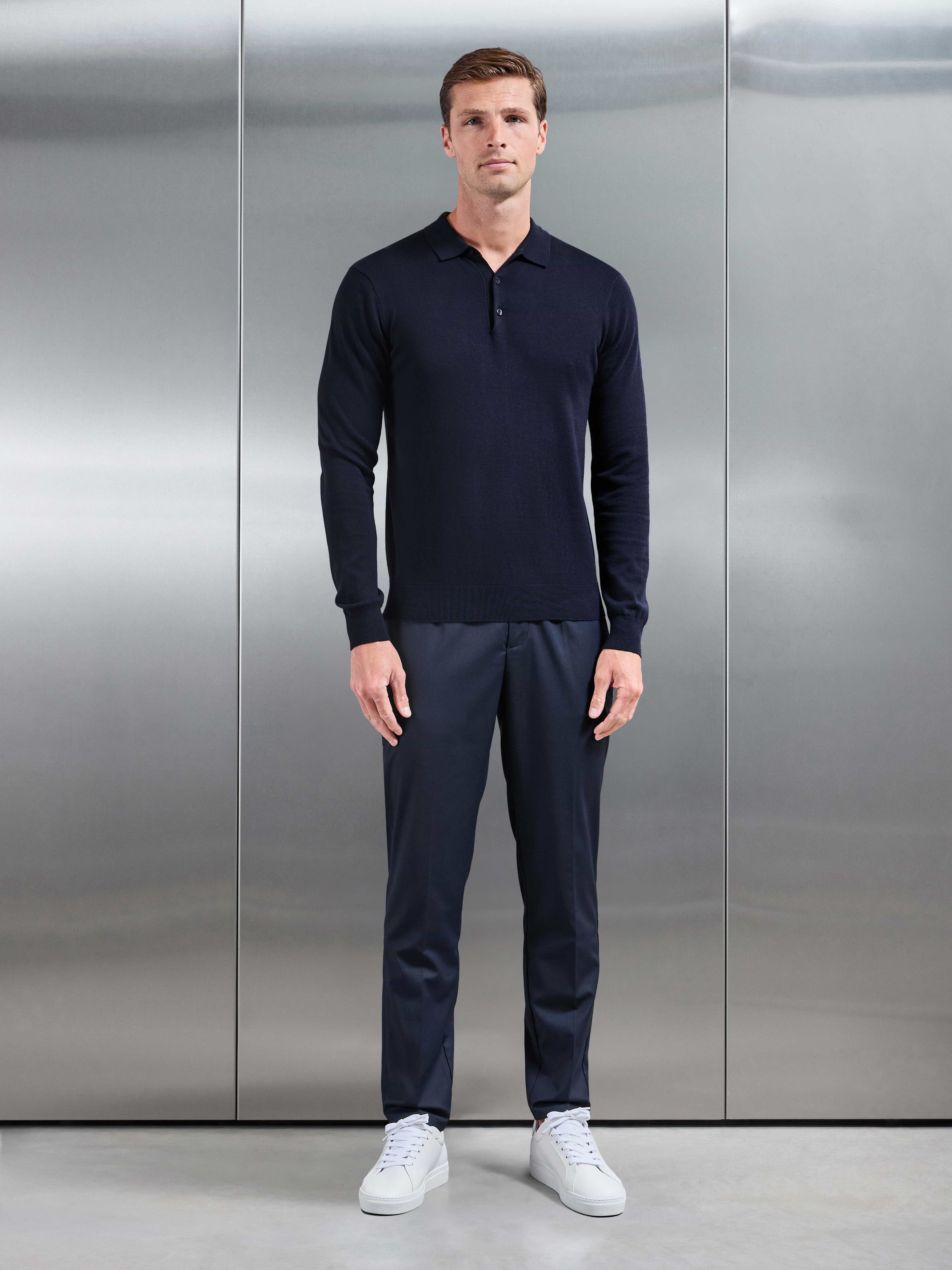 Cotton Knitted Long Sleeve Button Polo Shirt in Navy