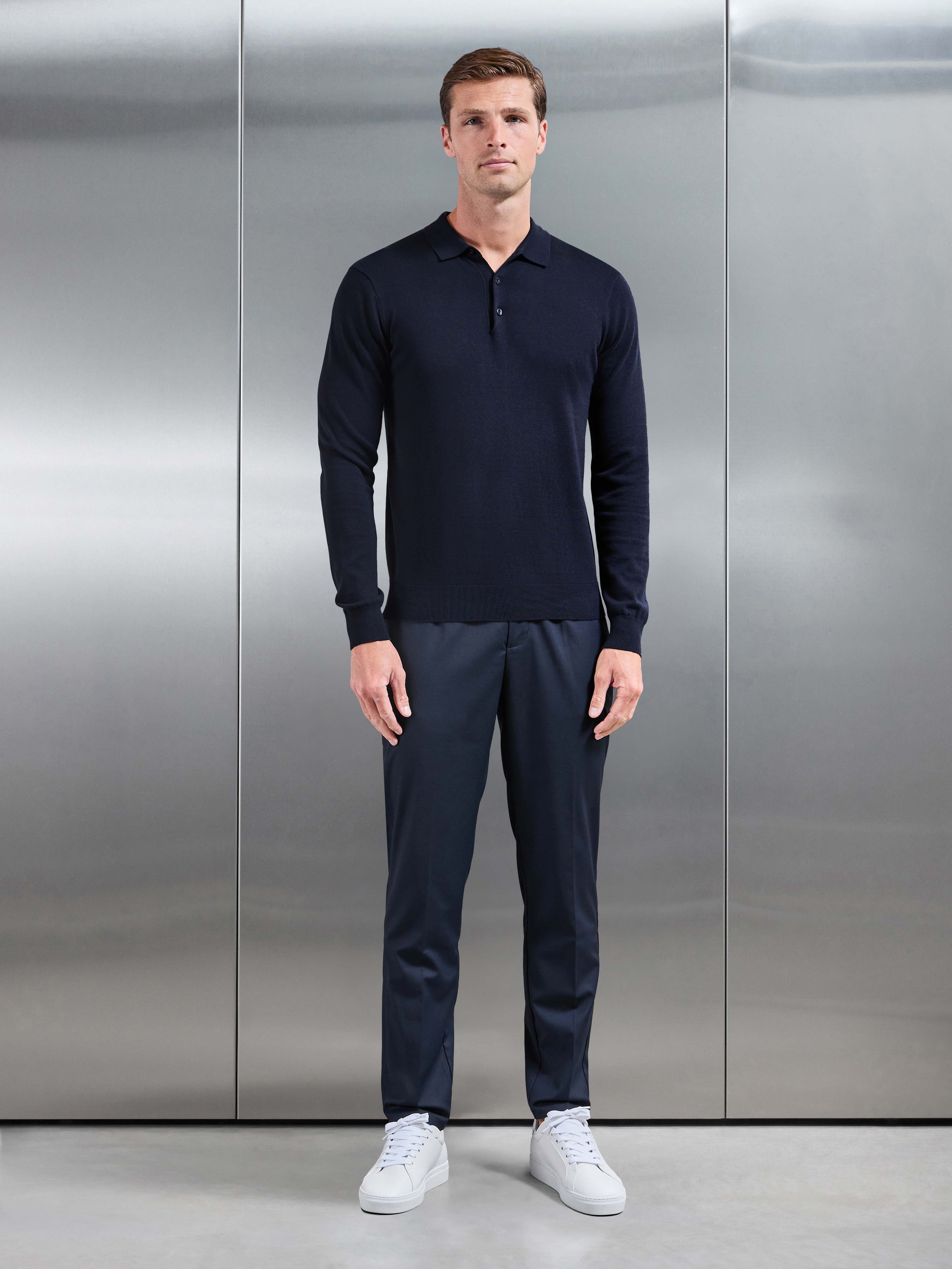 Cotton Knitted Long Sleeve Button Polo Shirt in Navy