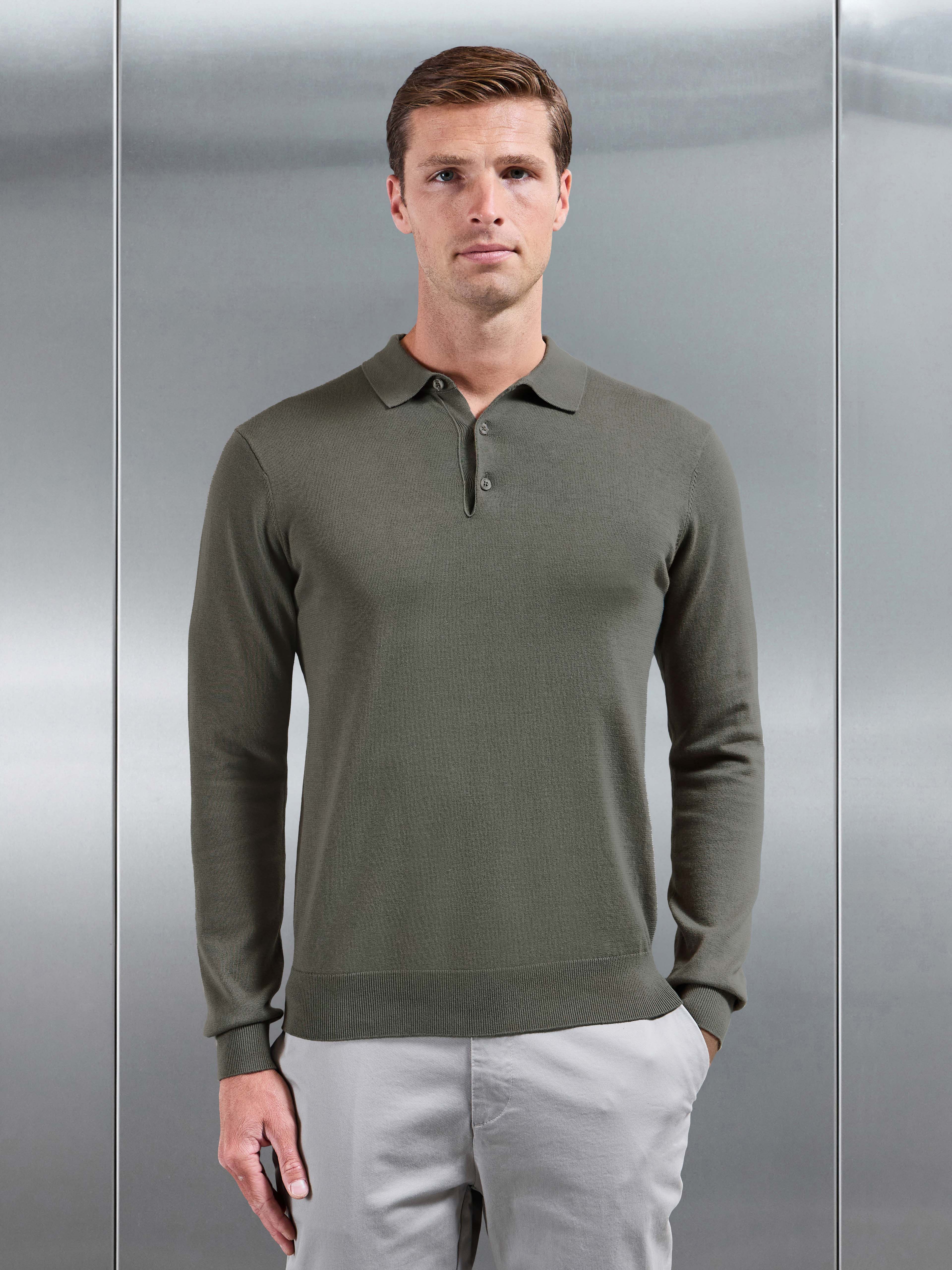 Cotton Knitted Long Sleeve Button Polo Shirt in Sage