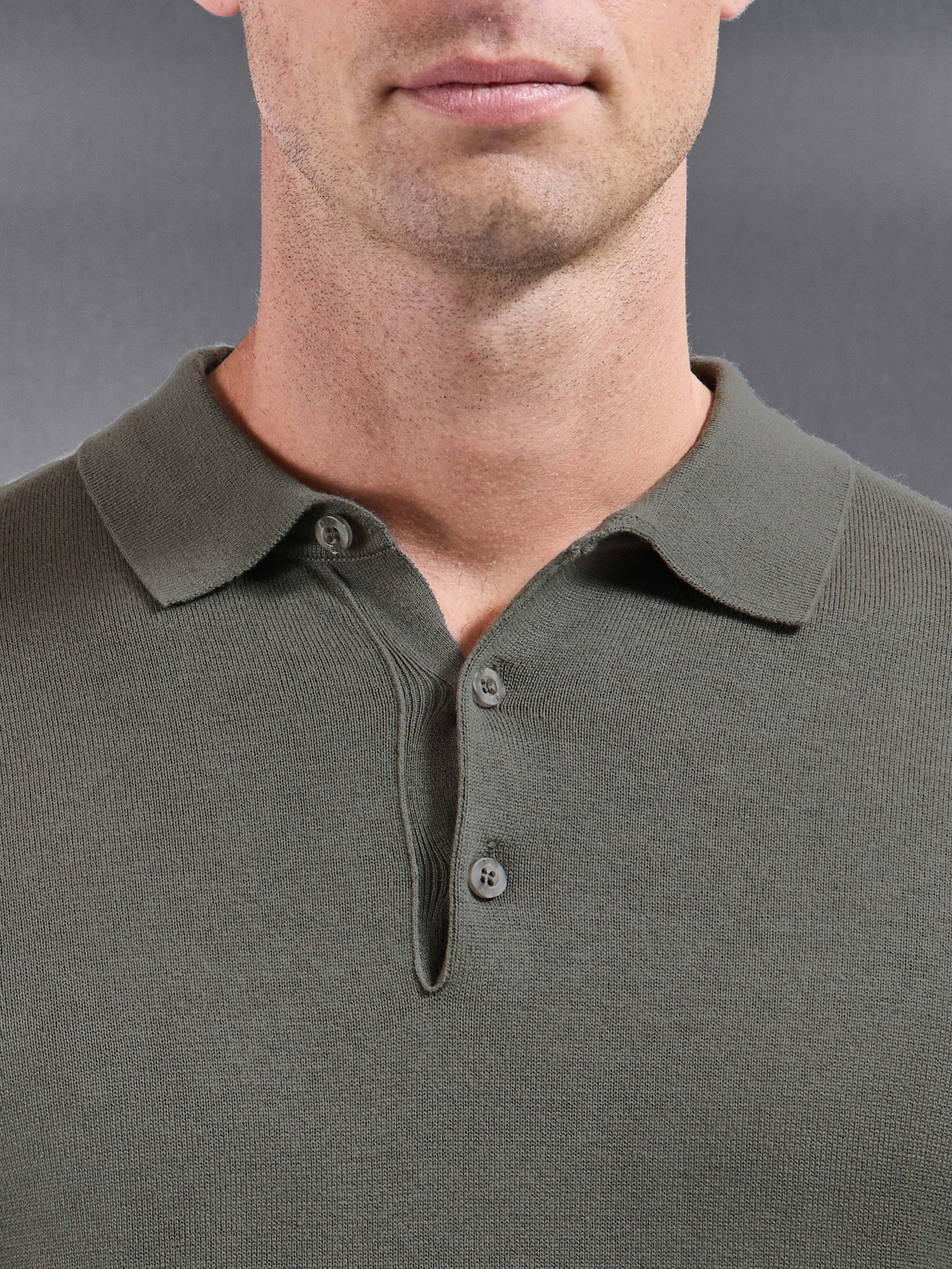 Cotton Knitted Long Sleeve Button Polo Shirt in Sage