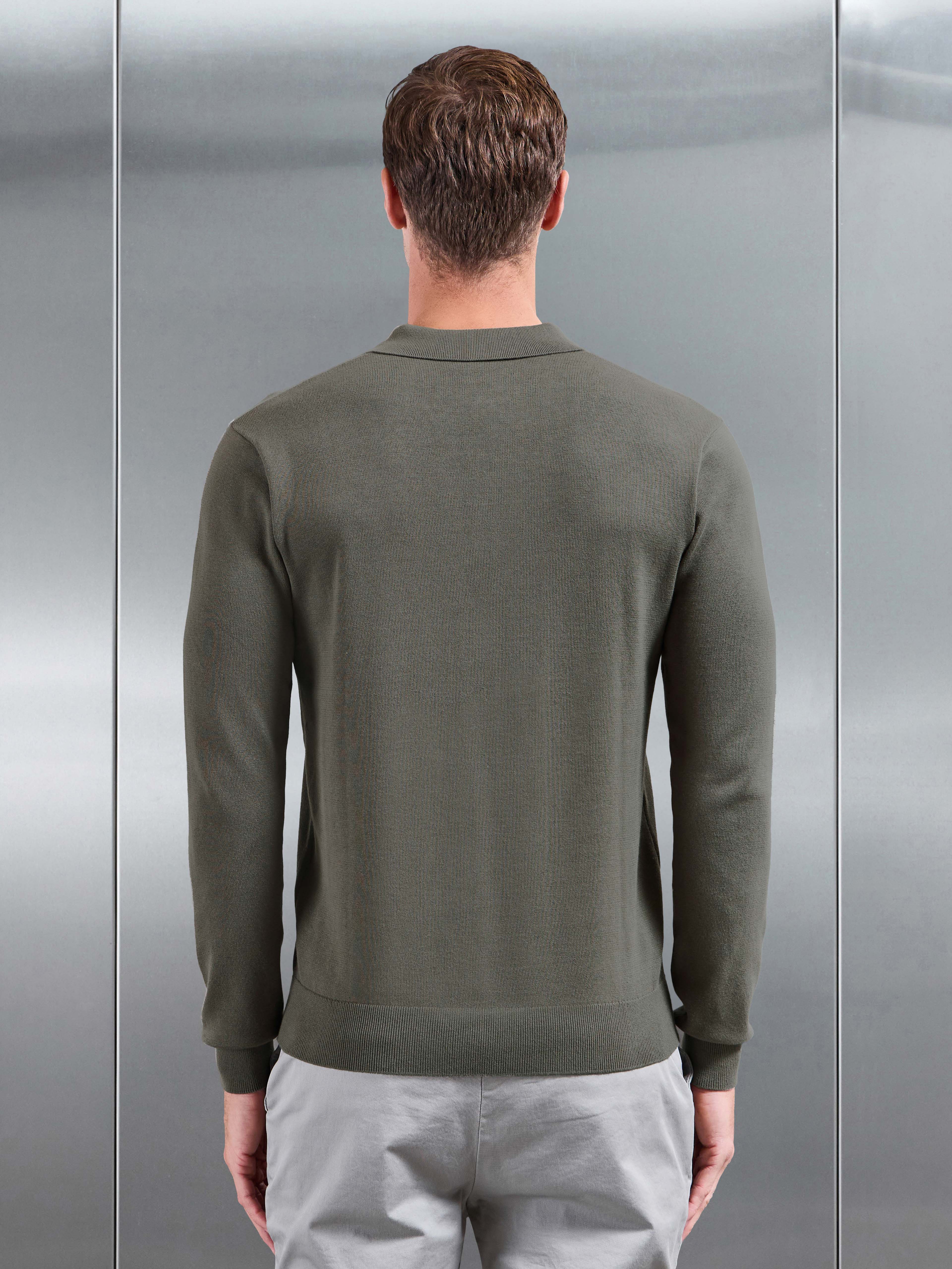 Cotton Knitted Long Sleeve Button Polo Shirt in Sage