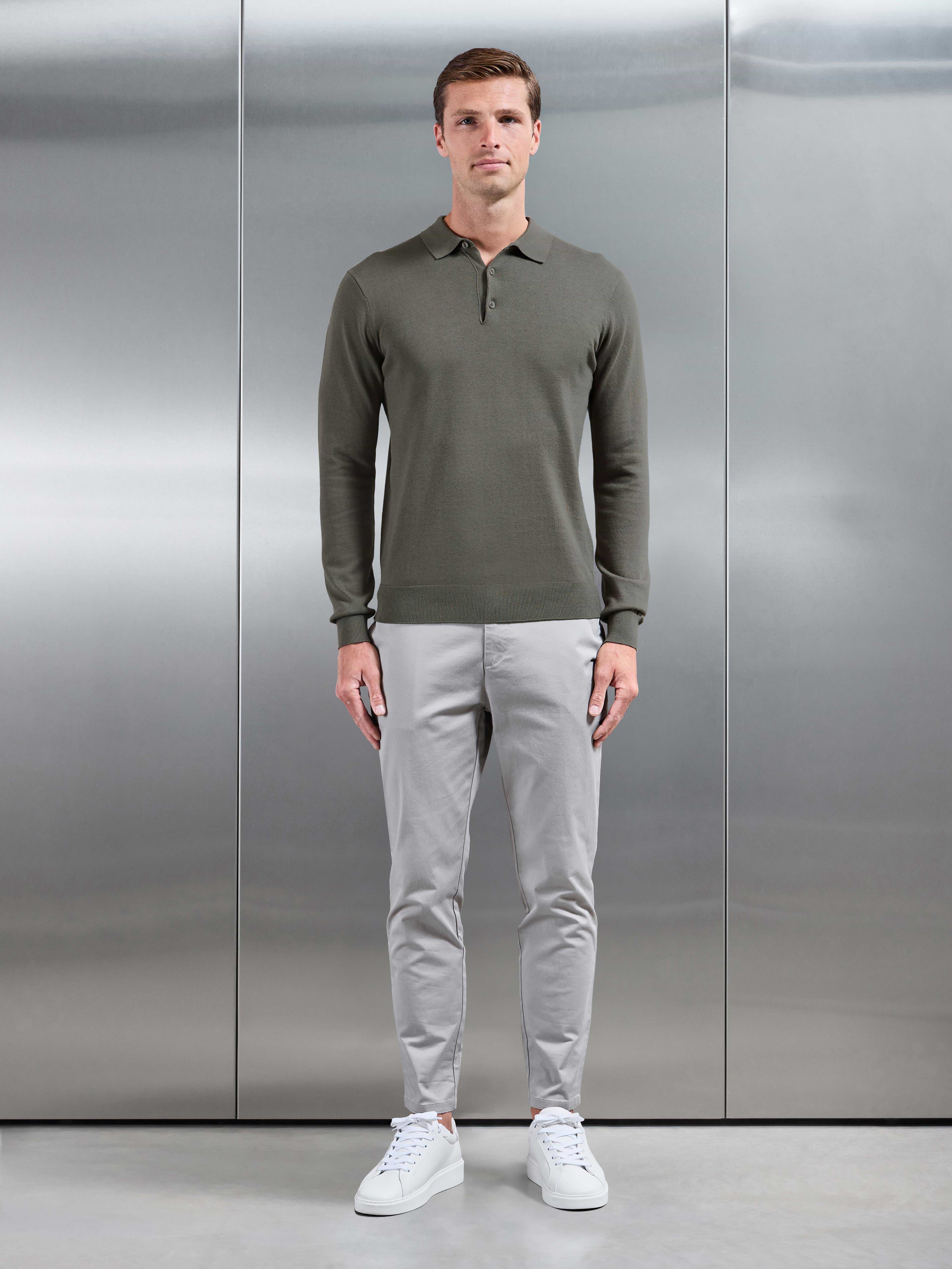 Cotton Knitted Long Sleeve Button Polo Shirt in Sage