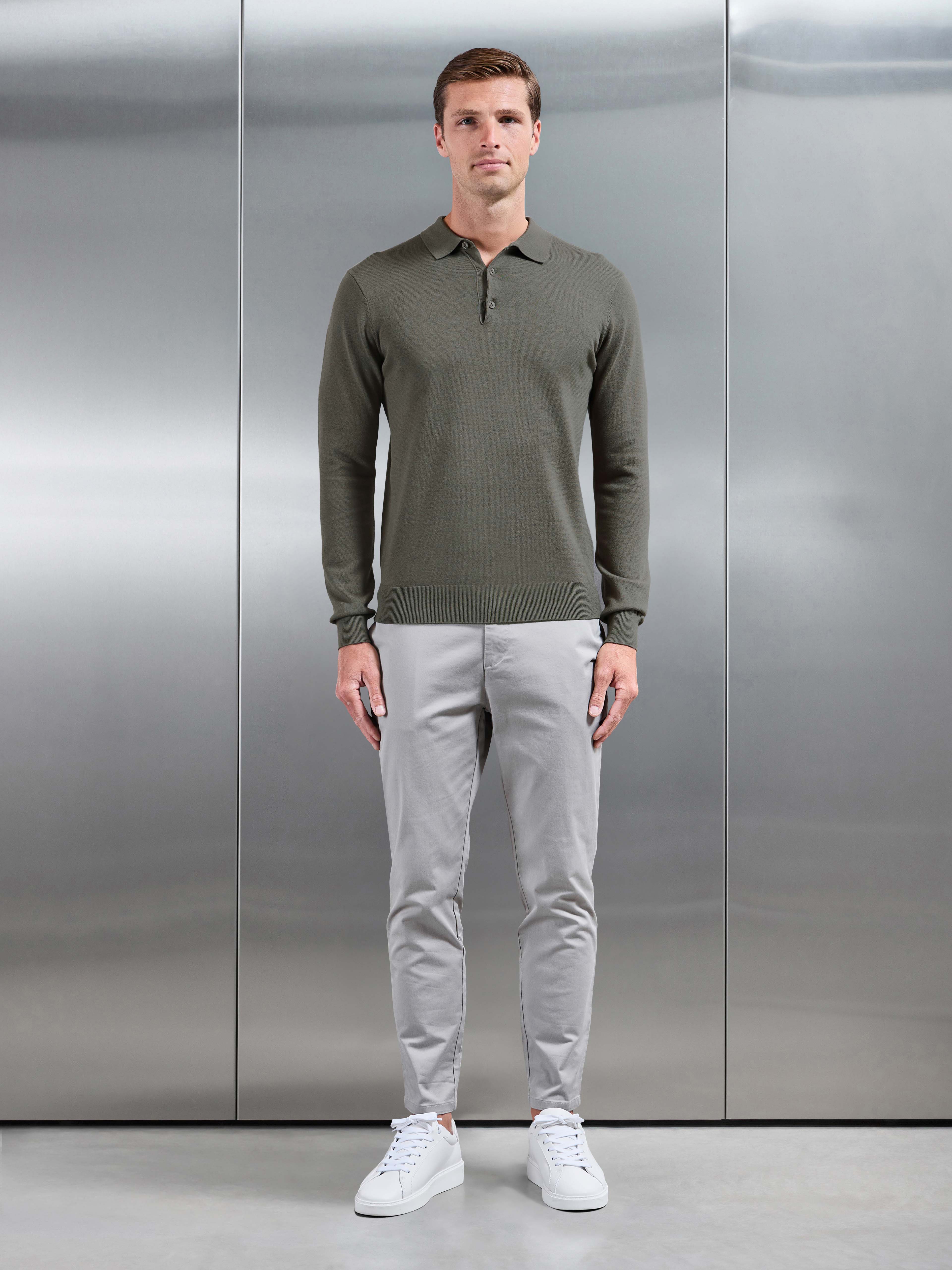 Cotton Knitted Long Sleeve Button Polo Shirt in Sage