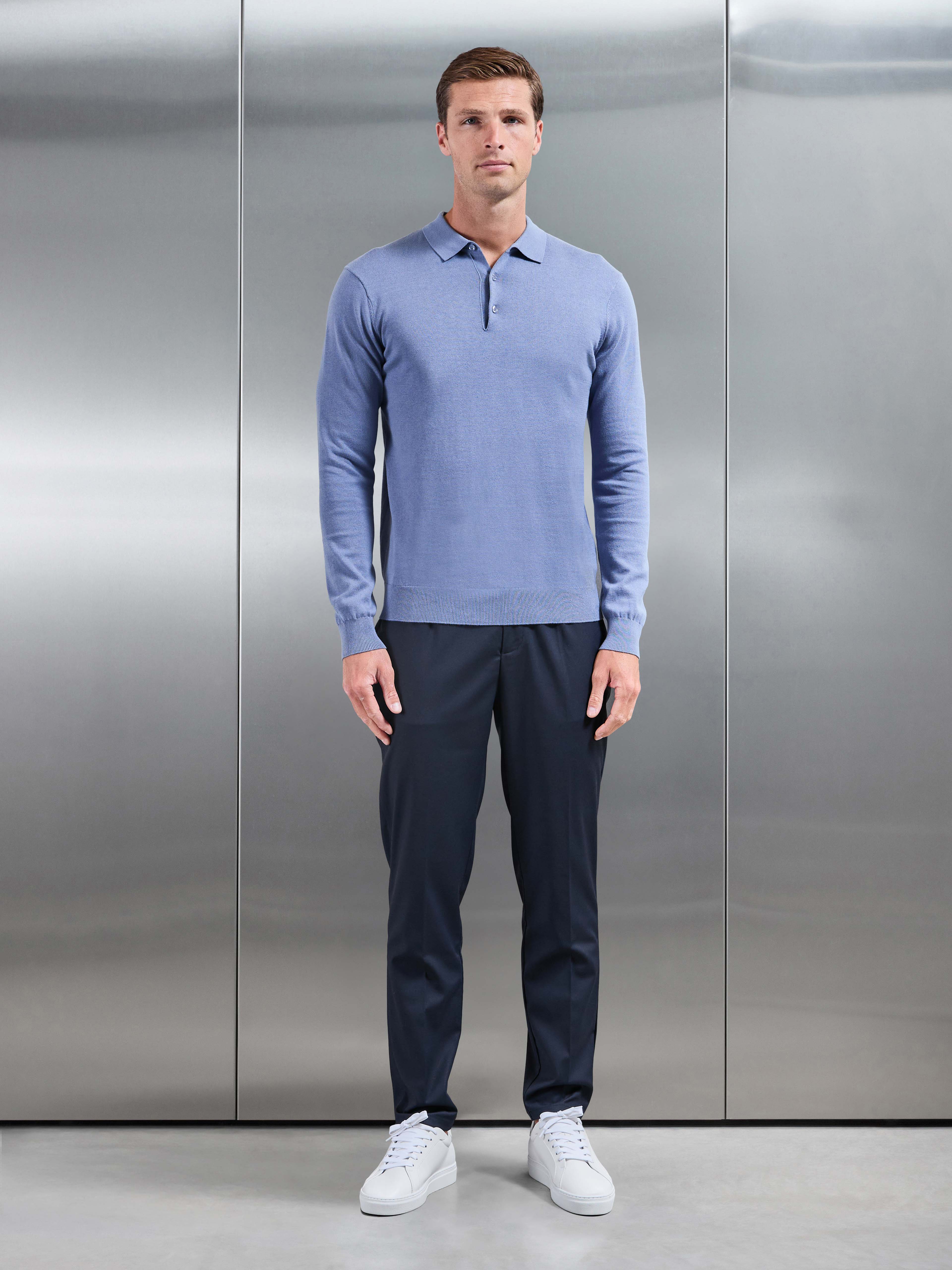 Cotton Knitted Long Sleeve Button Polo Shirt in Silk Blue