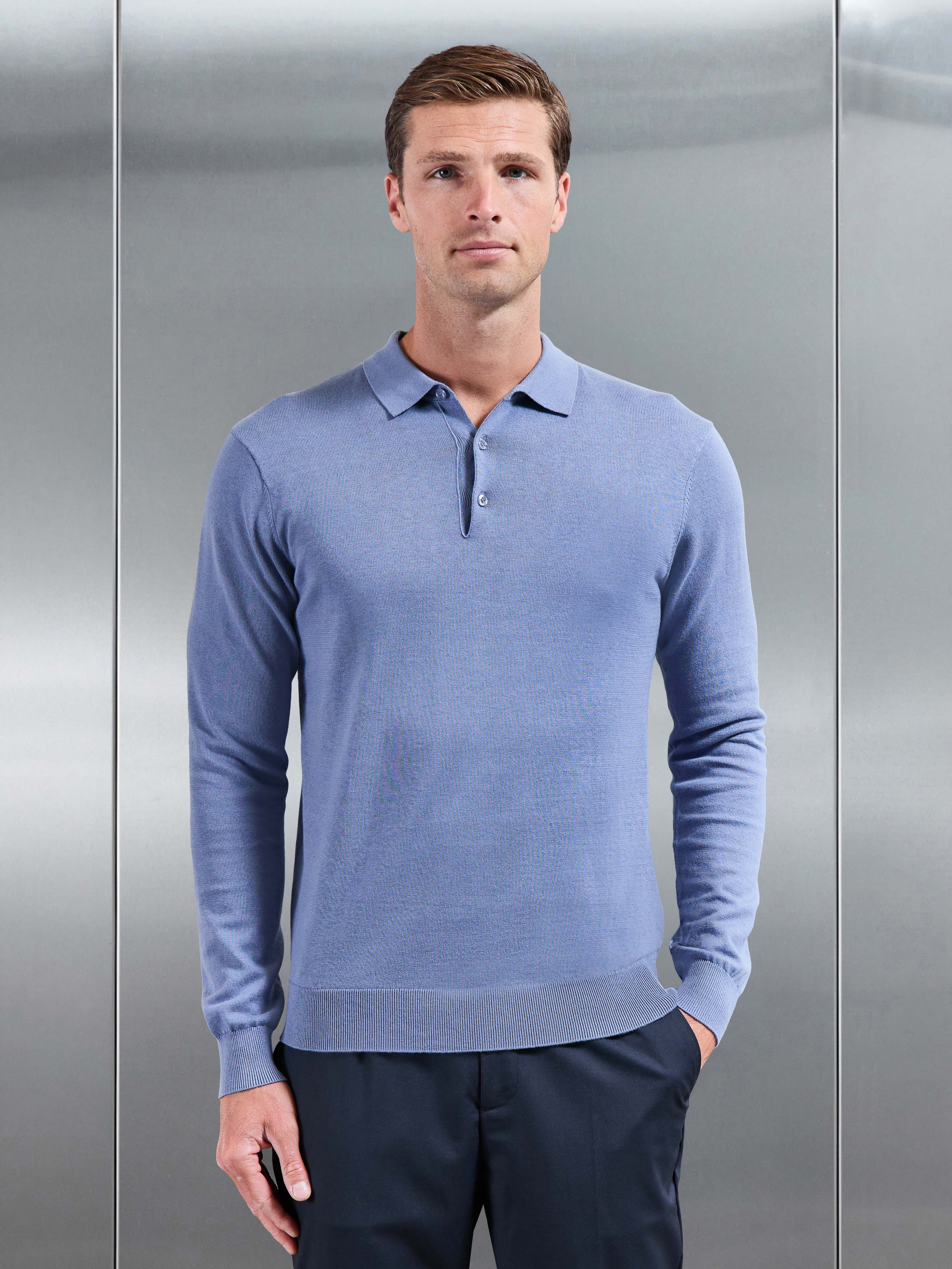Cotton Knitted Long Sleeve Button Polo Shirt in Silk Blue
