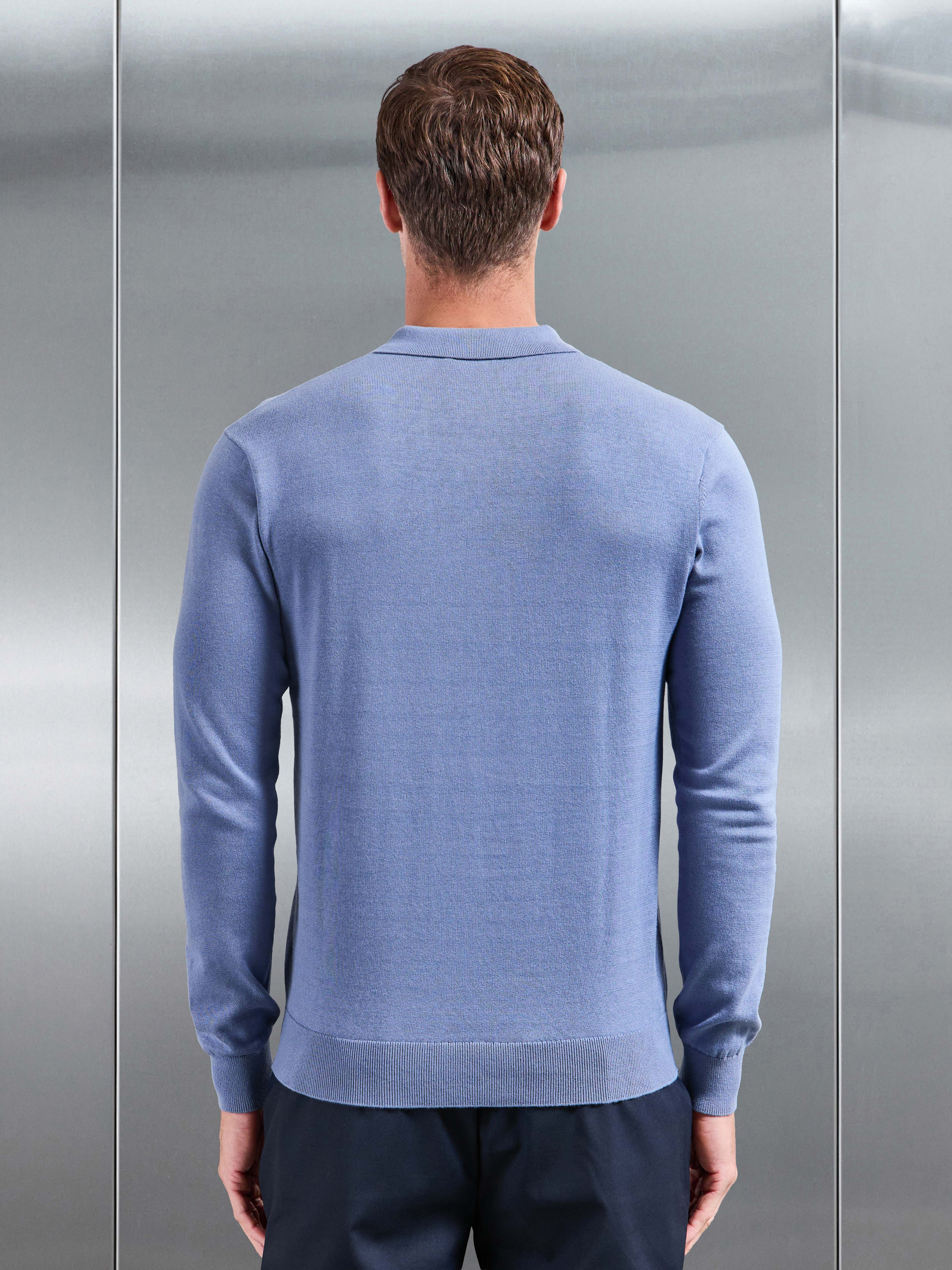 Cotton Knitted Long Sleeve Button Polo Shirt in Silk Blue