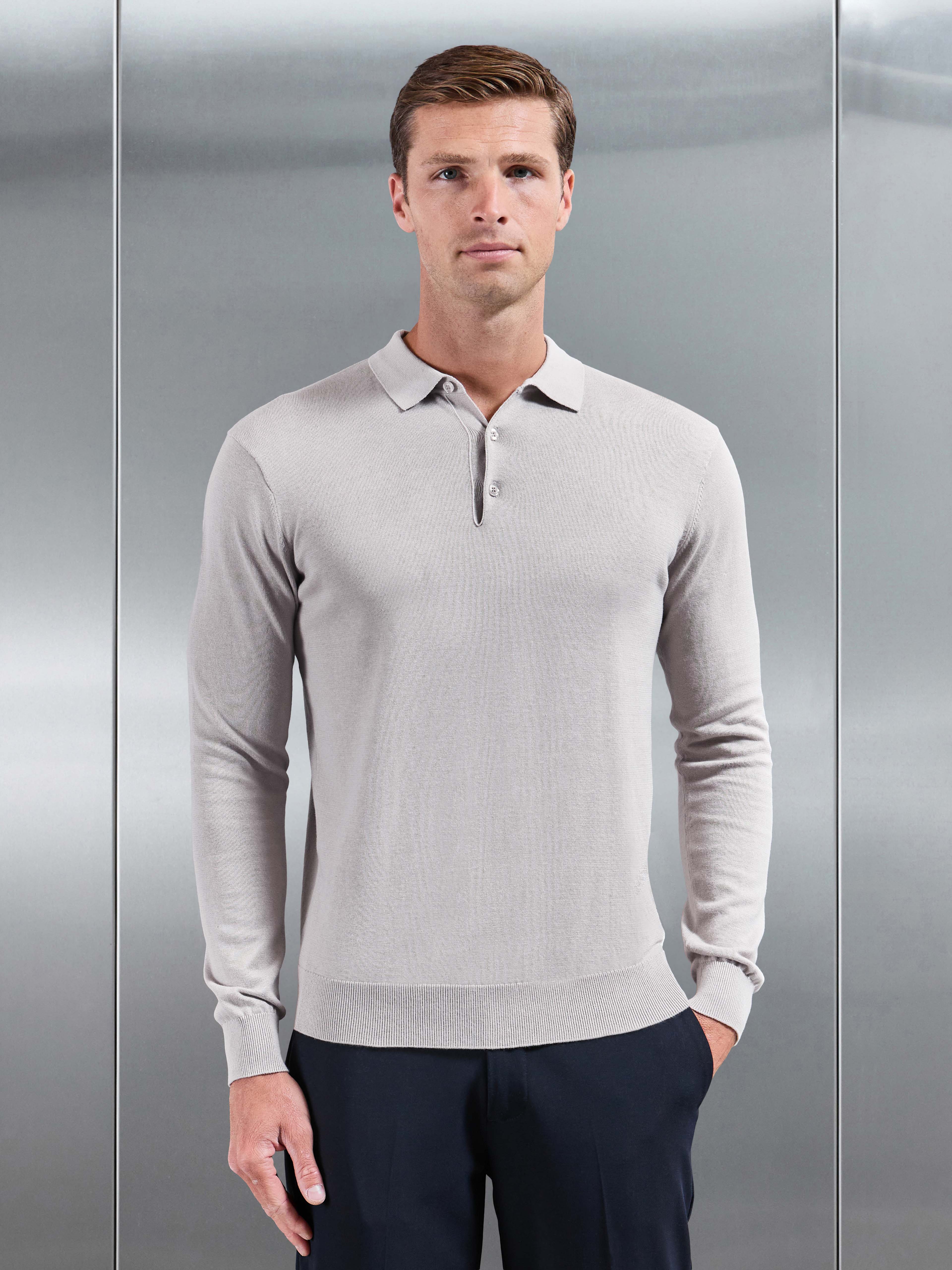 Cotton Knitted Long Sleeve Button Polo Shirt in Stone