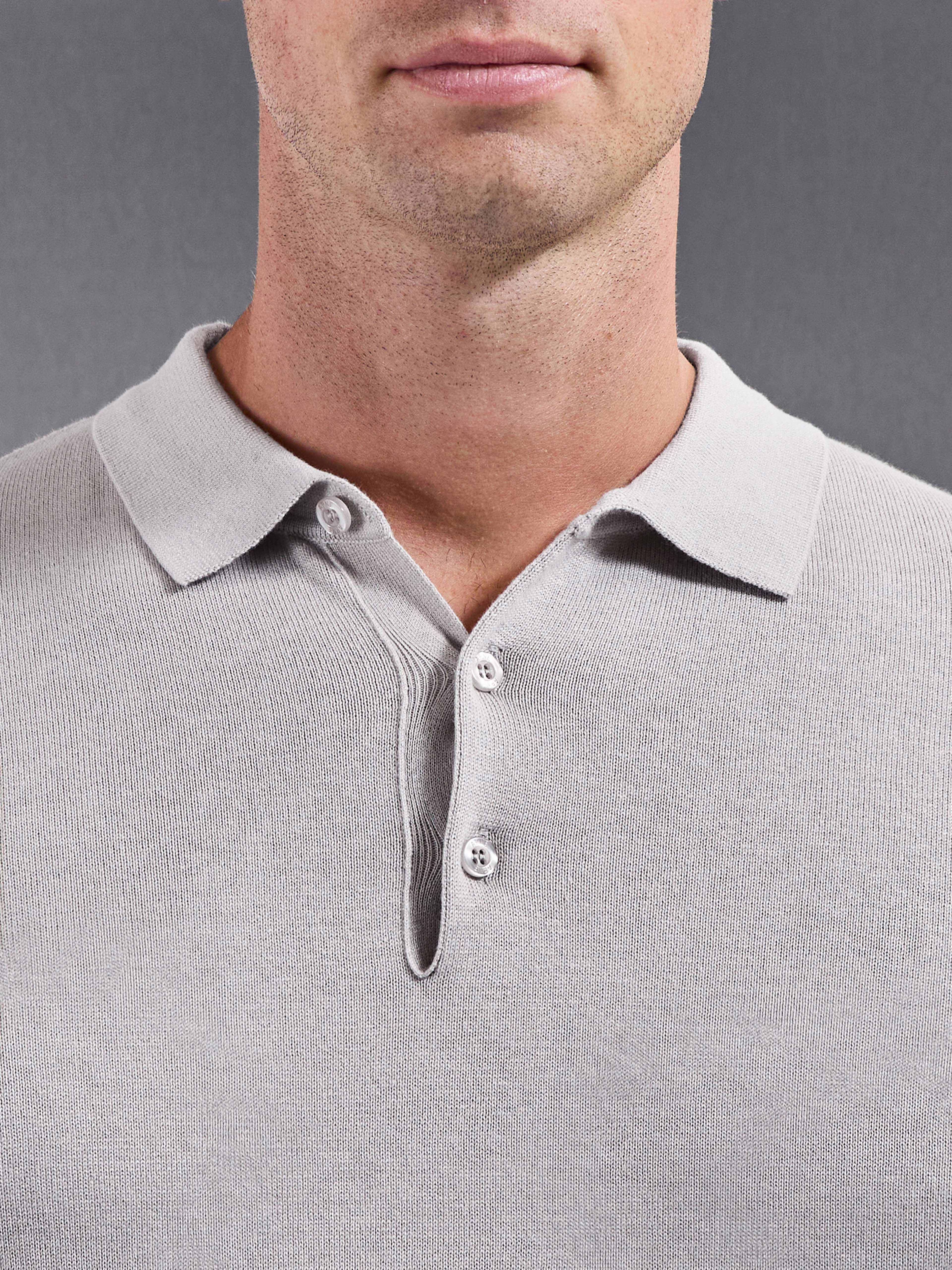 Cotton Knitted Long Sleeve Button Polo Shirt in Stone