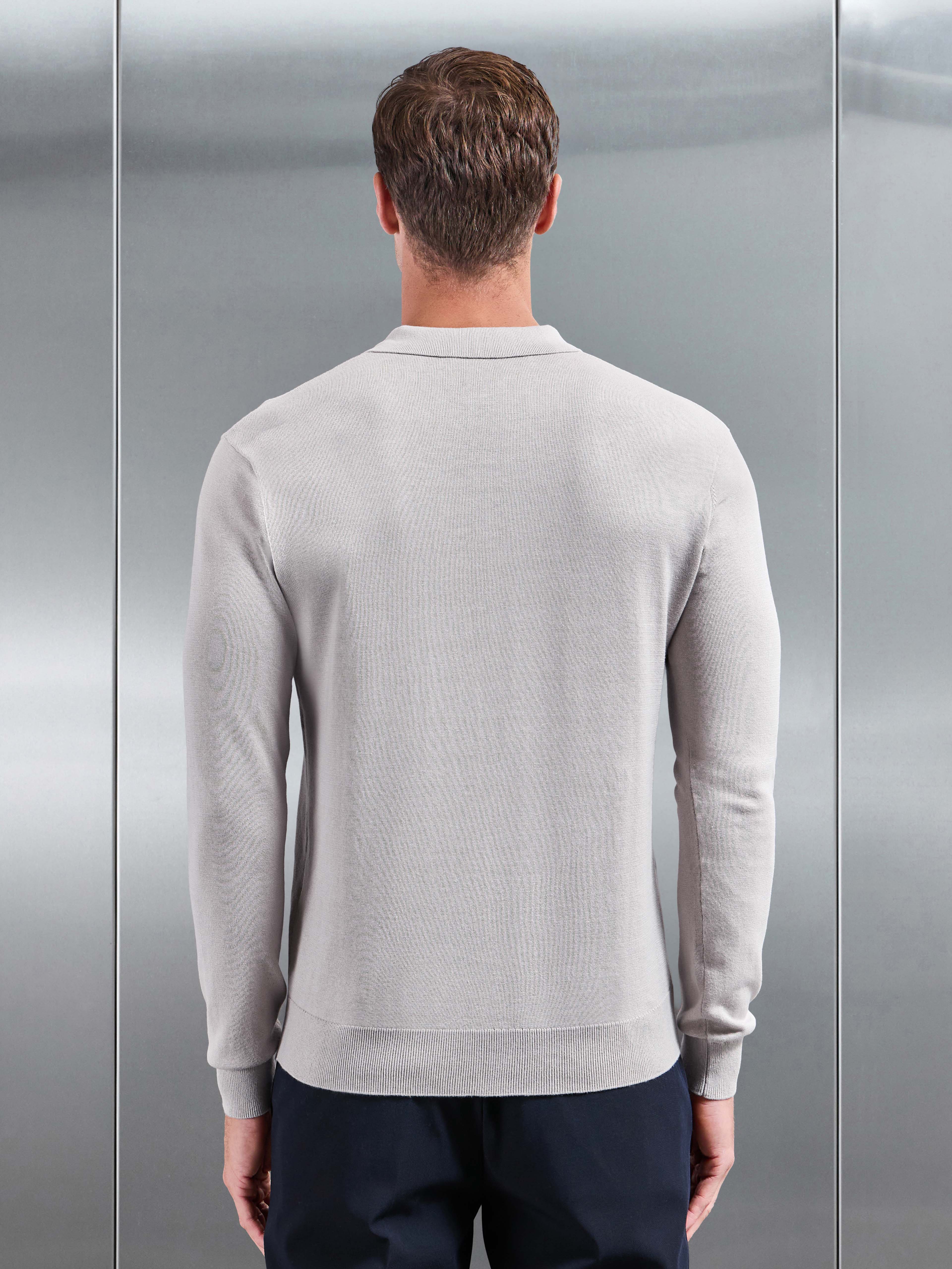 Cotton Knitted Long Sleeve Button Polo Shirt in Stone