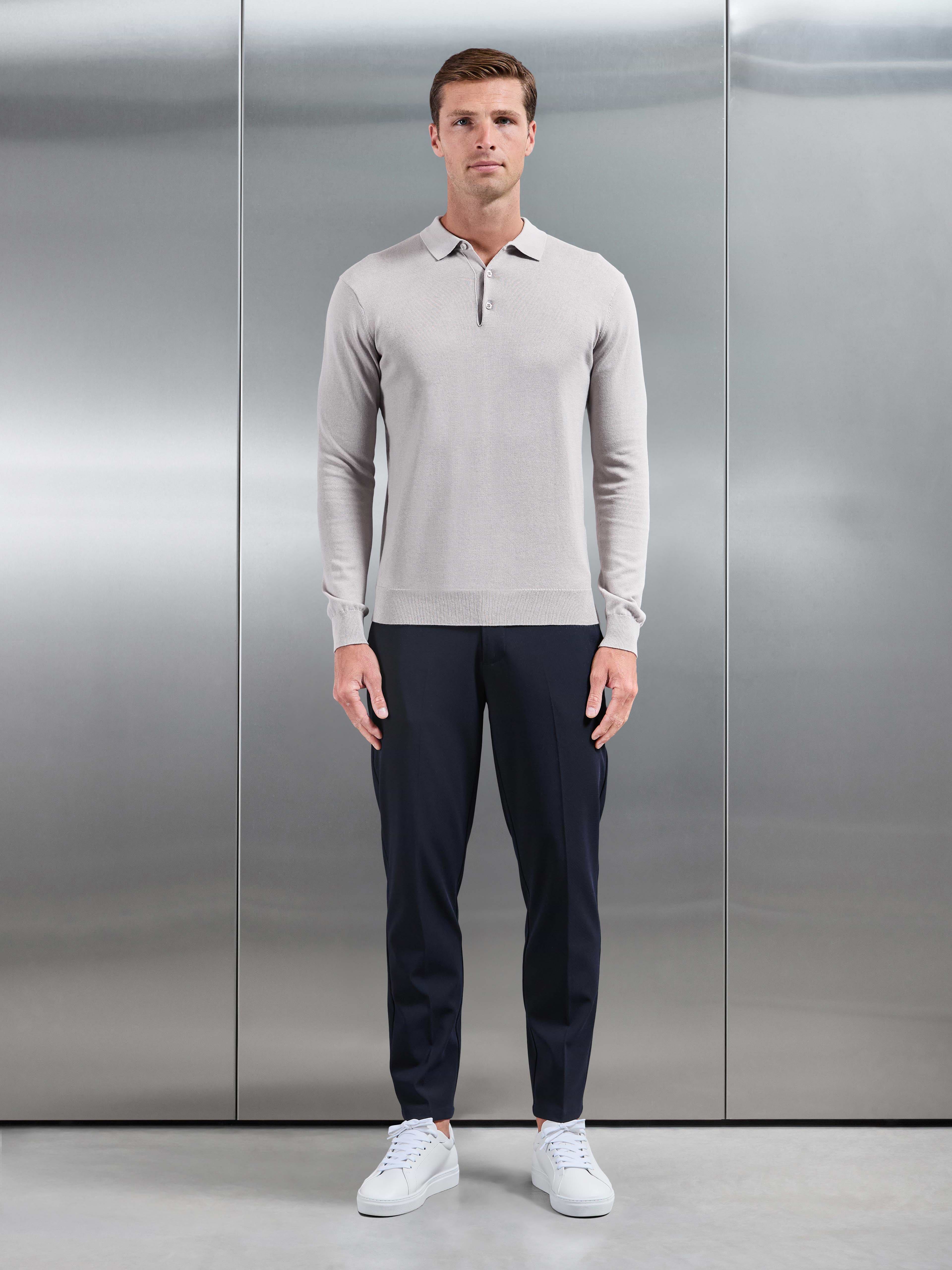 Cotton Knitted Long Sleeve Button Polo Shirt in Stone