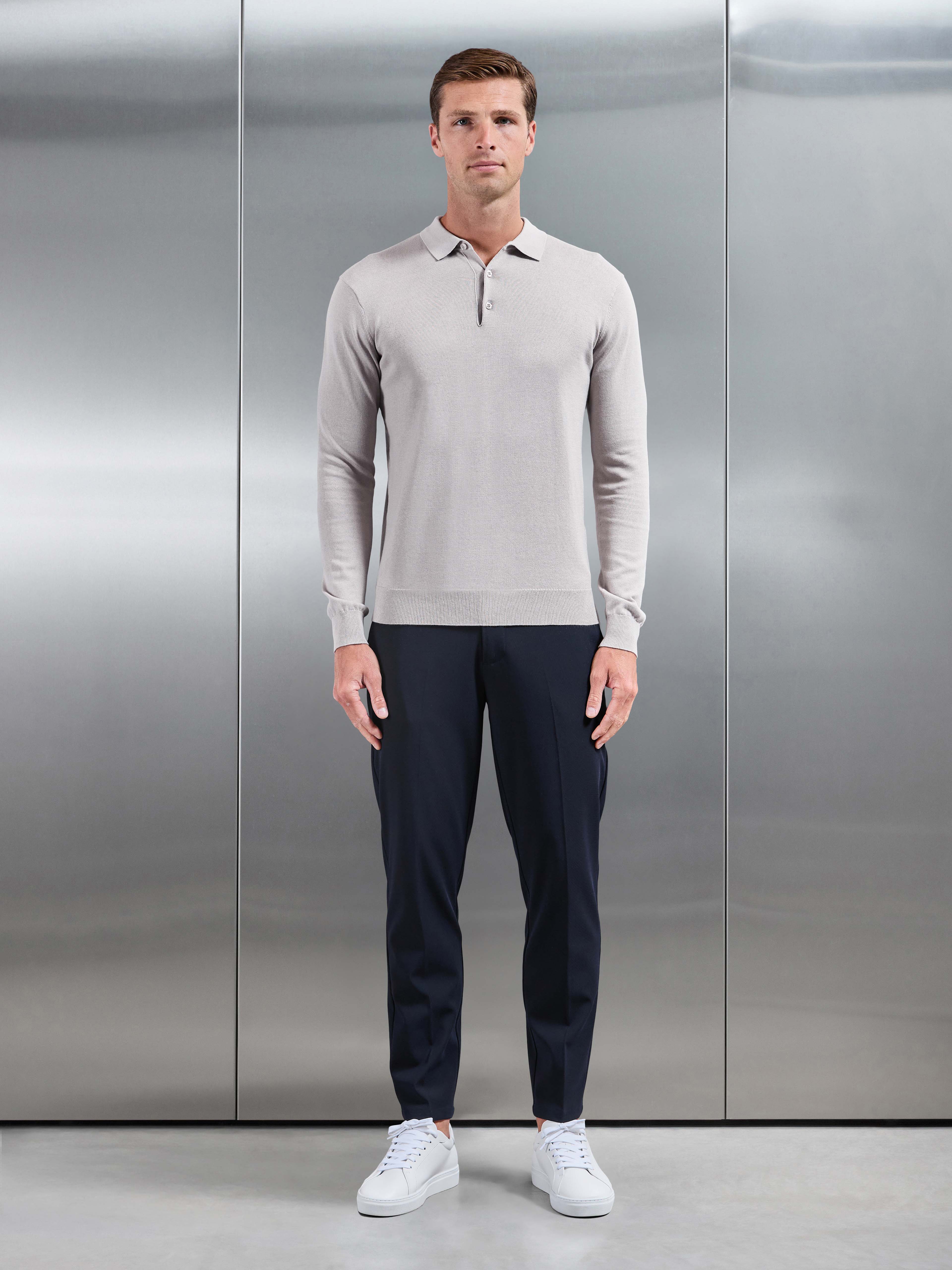 Cotton Knitted Long Sleeve Button Polo Shirt in Stone
