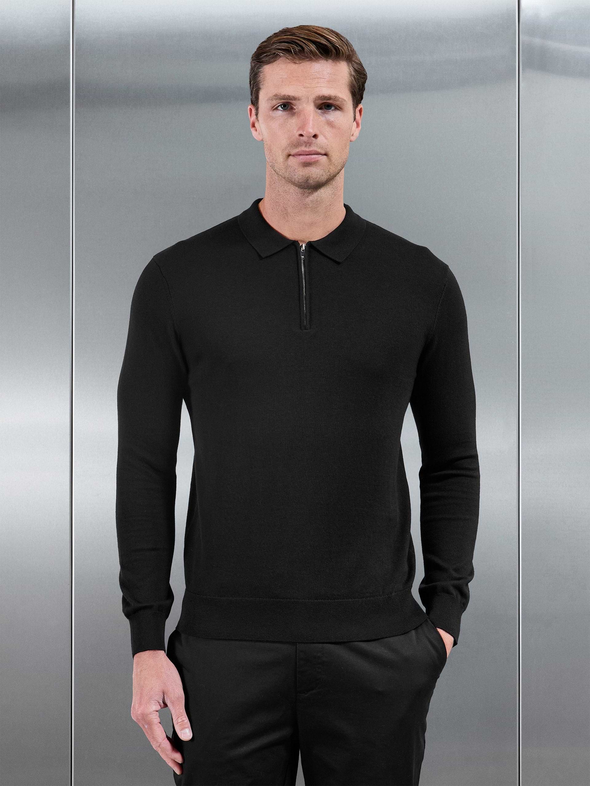 Cotton Knitted Long Sleeve Zip Polo Shirt in Black