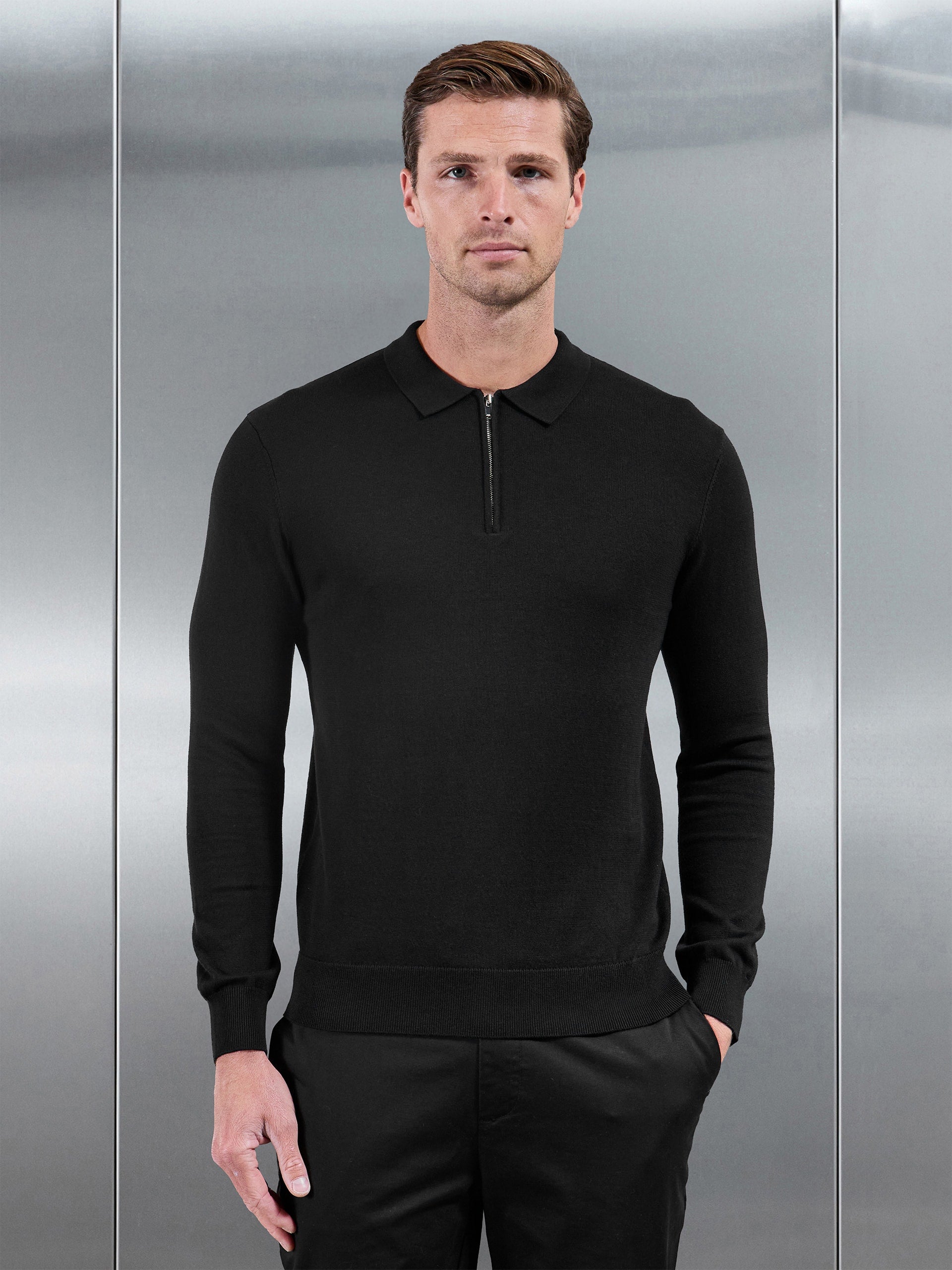 Cotton Knitted Long Sleeve Zip Polo Shirt in Black