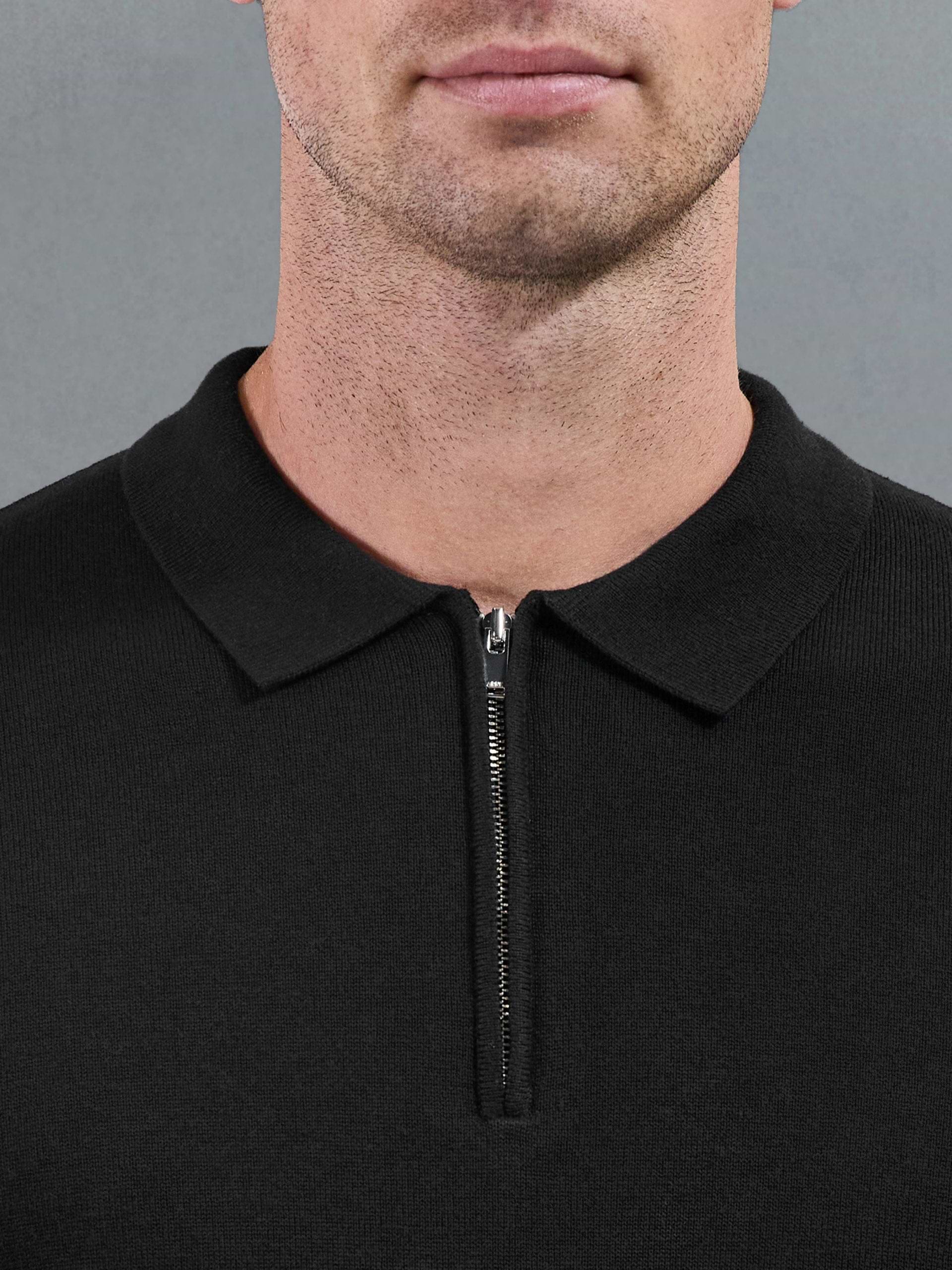 Cotton Knitted Long Sleeve Zip Polo Shirt in Black
