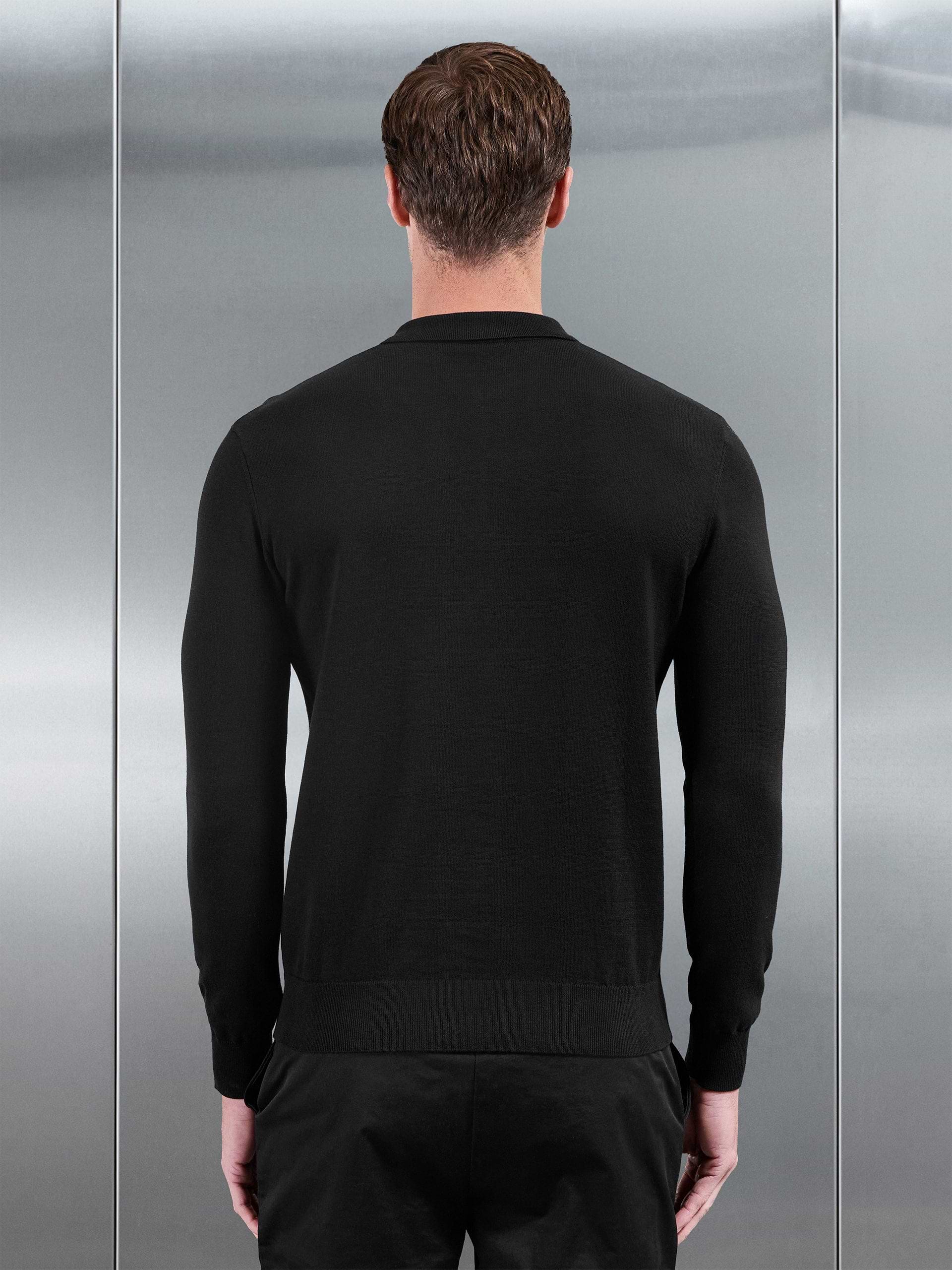 Cotton Knitted Long Sleeve Zip Polo Shirt in Black