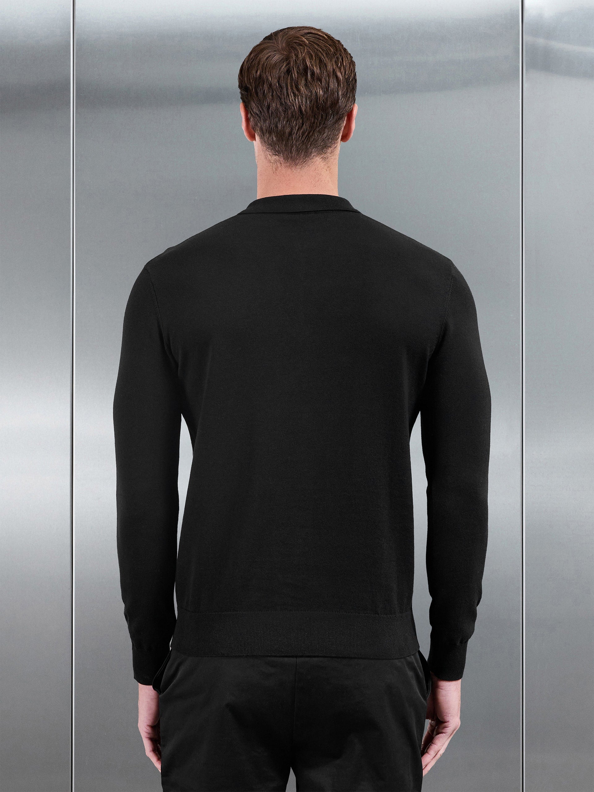 Cotton Knitted Long Sleeve Zip Polo Shirt in Black