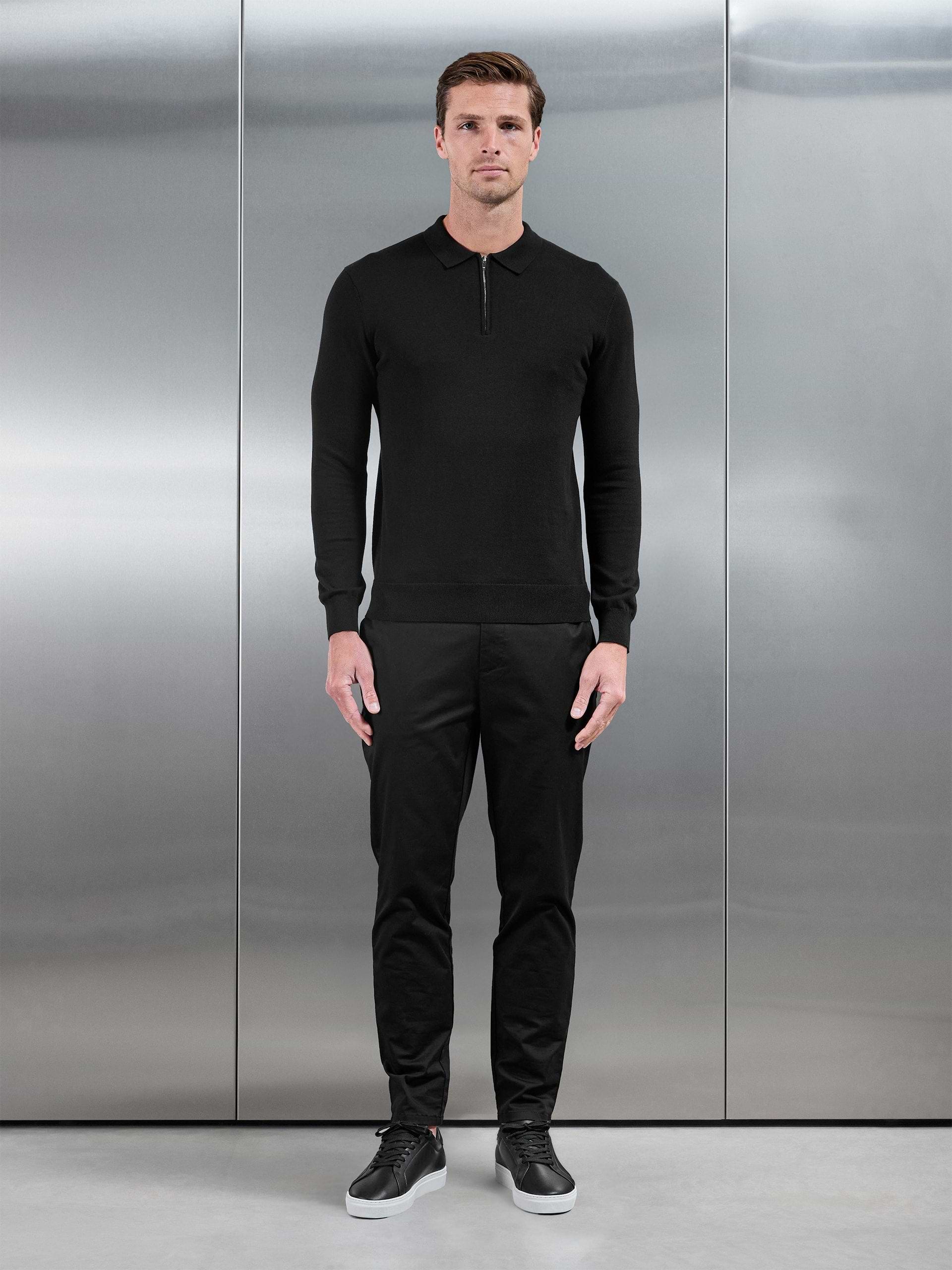 Cotton Knitted Long Sleeve Zip Polo Shirt in Black