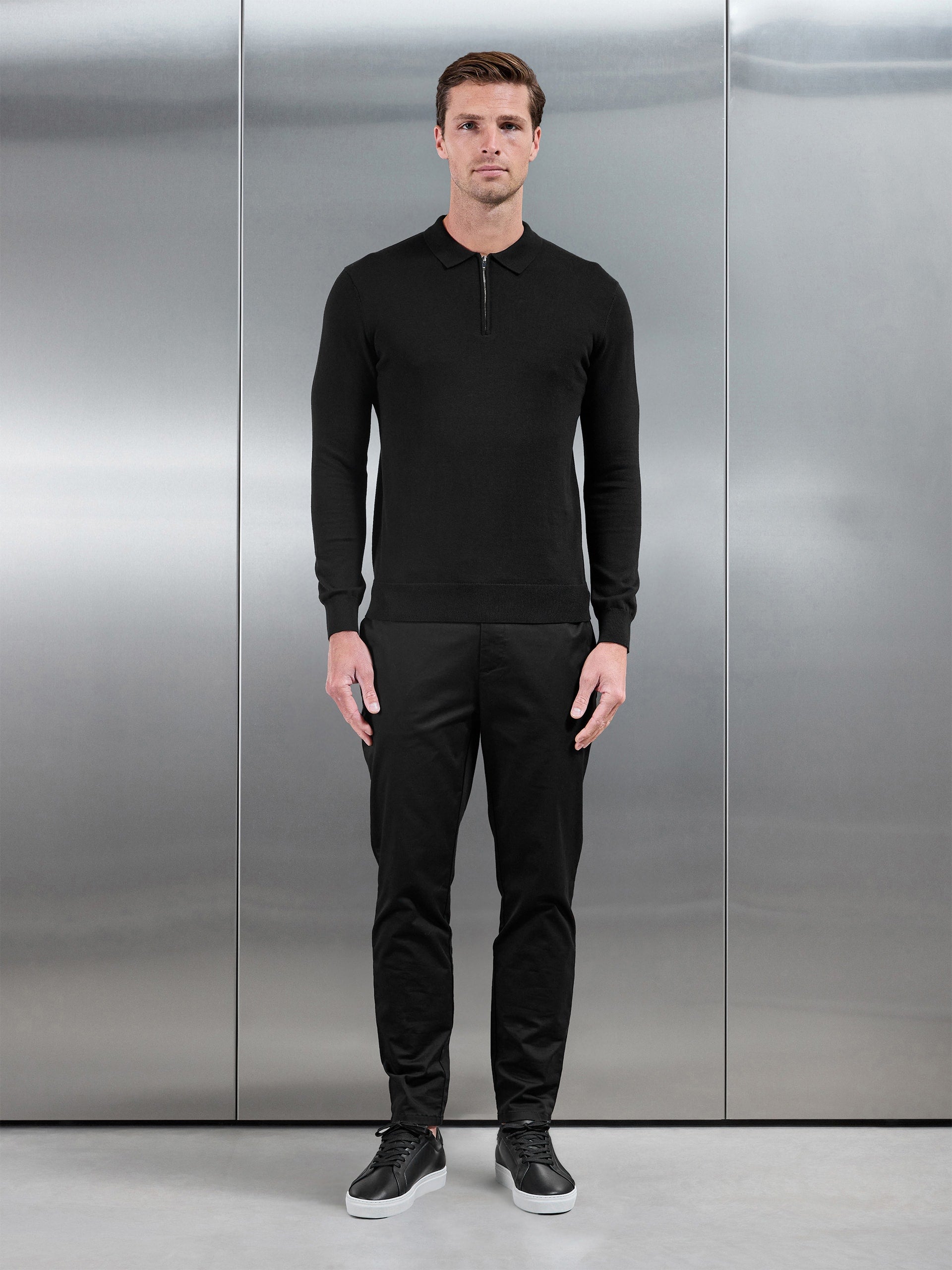 Cotton Knitted Long Sleeve Zip Polo Shirt in Black