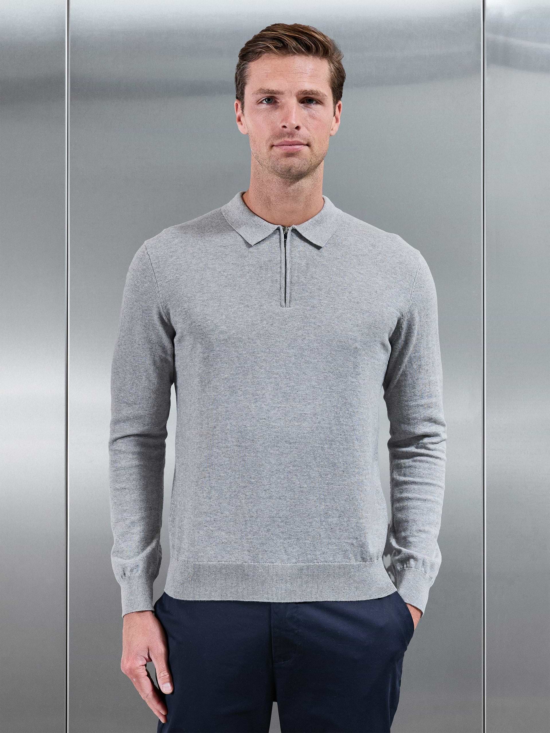 Cotton Knitted Long Sleeve Zip Polo Shirt in Marl Grey