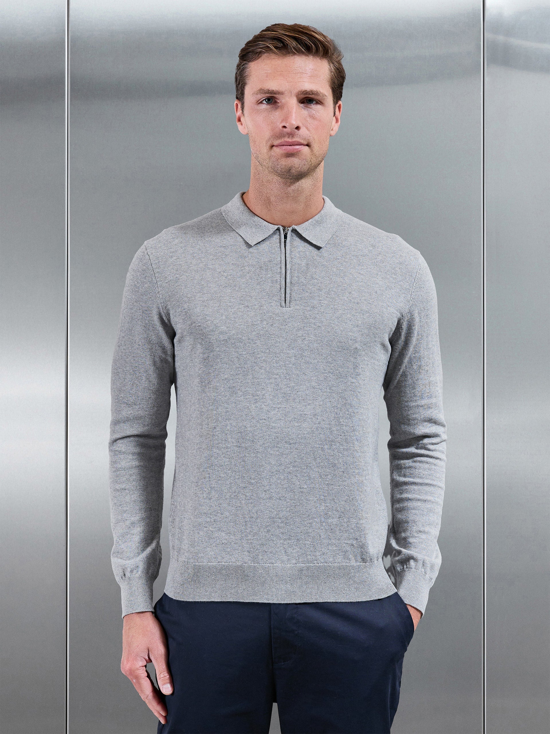 Cotton Knitted Long Sleeve Zip Polo Shirt in Marl Grey
