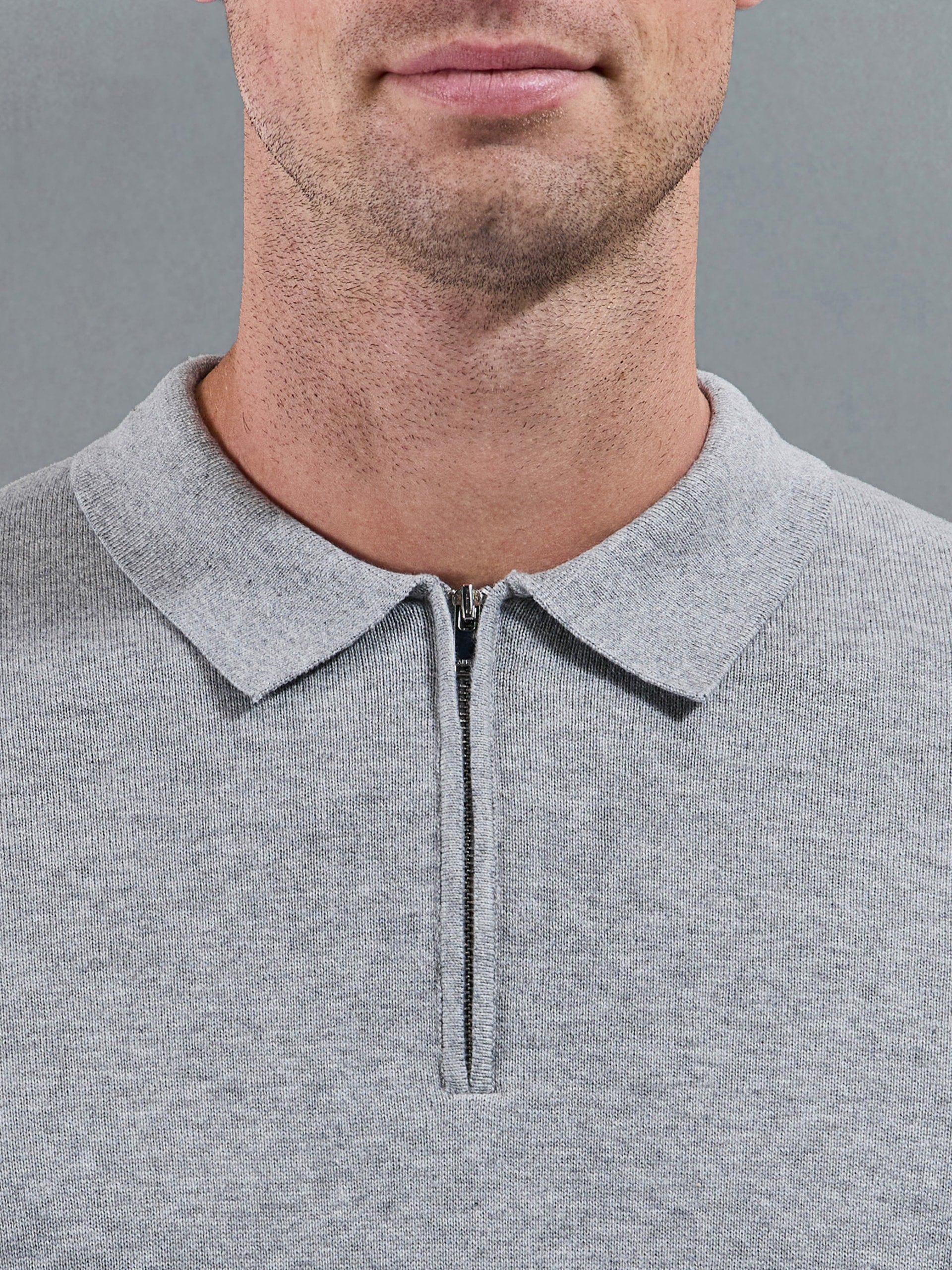 Cotton Knitted Long Sleeve Zip Polo Shirt in Marl Grey