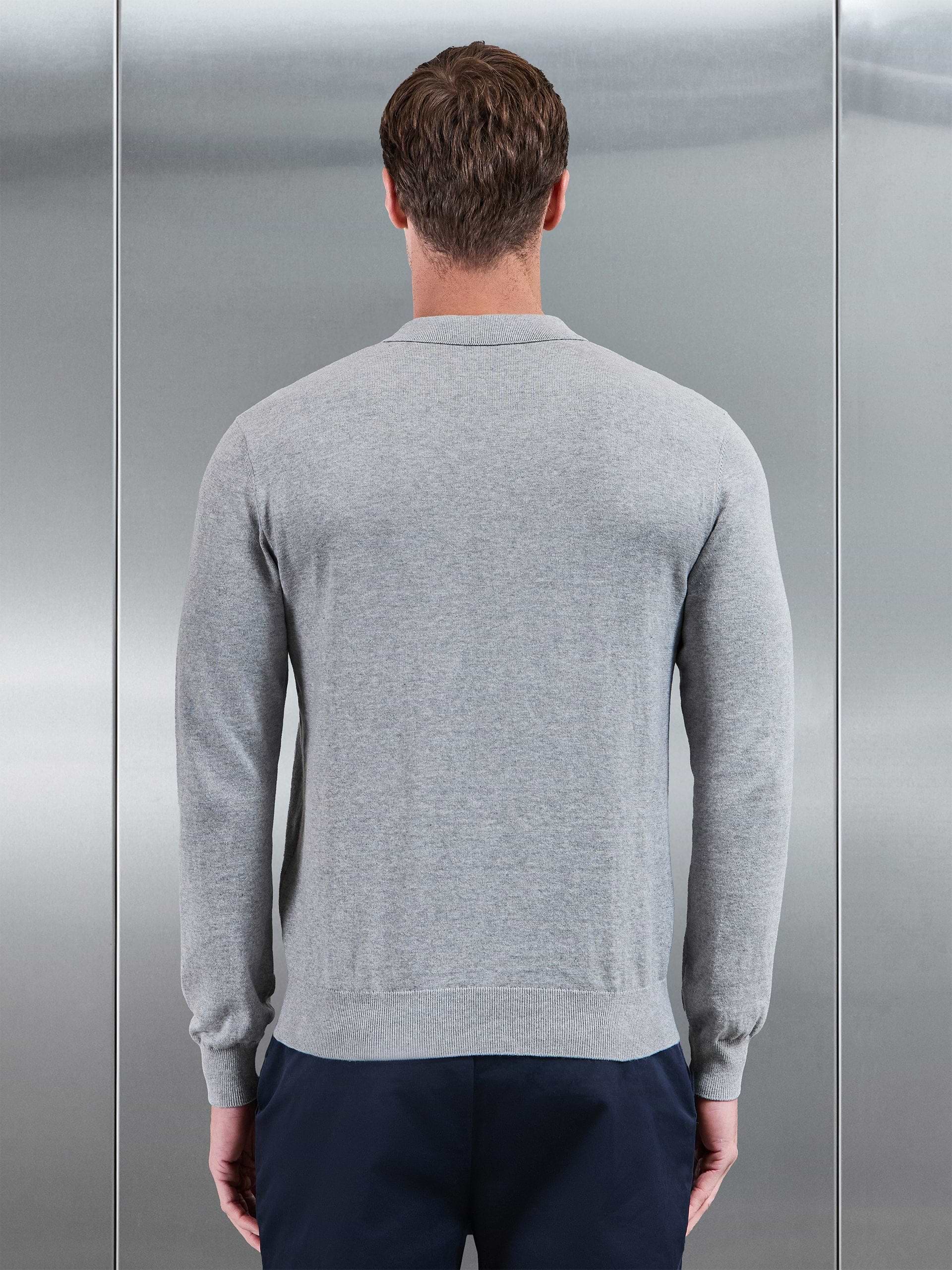Cotton Knitted Long Sleeve Zip Polo Shirt in Marl Grey