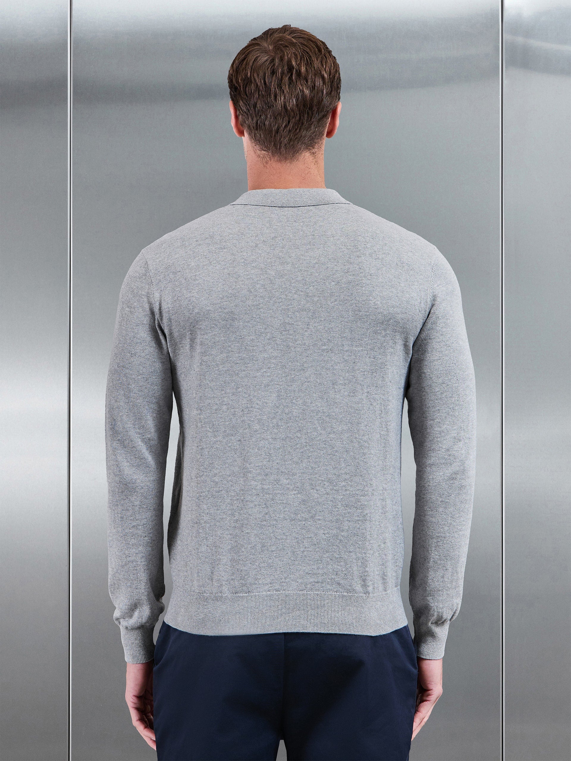 Cotton Knitted Long Sleeve Zip Polo Shirt in Marl Grey
