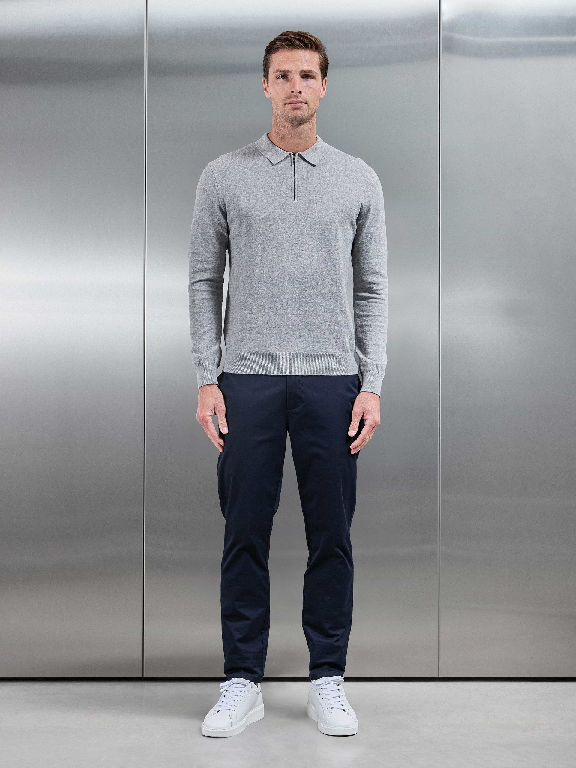 Cotton Knitted Long Sleeve Zip Polo Shirt in Marl Grey