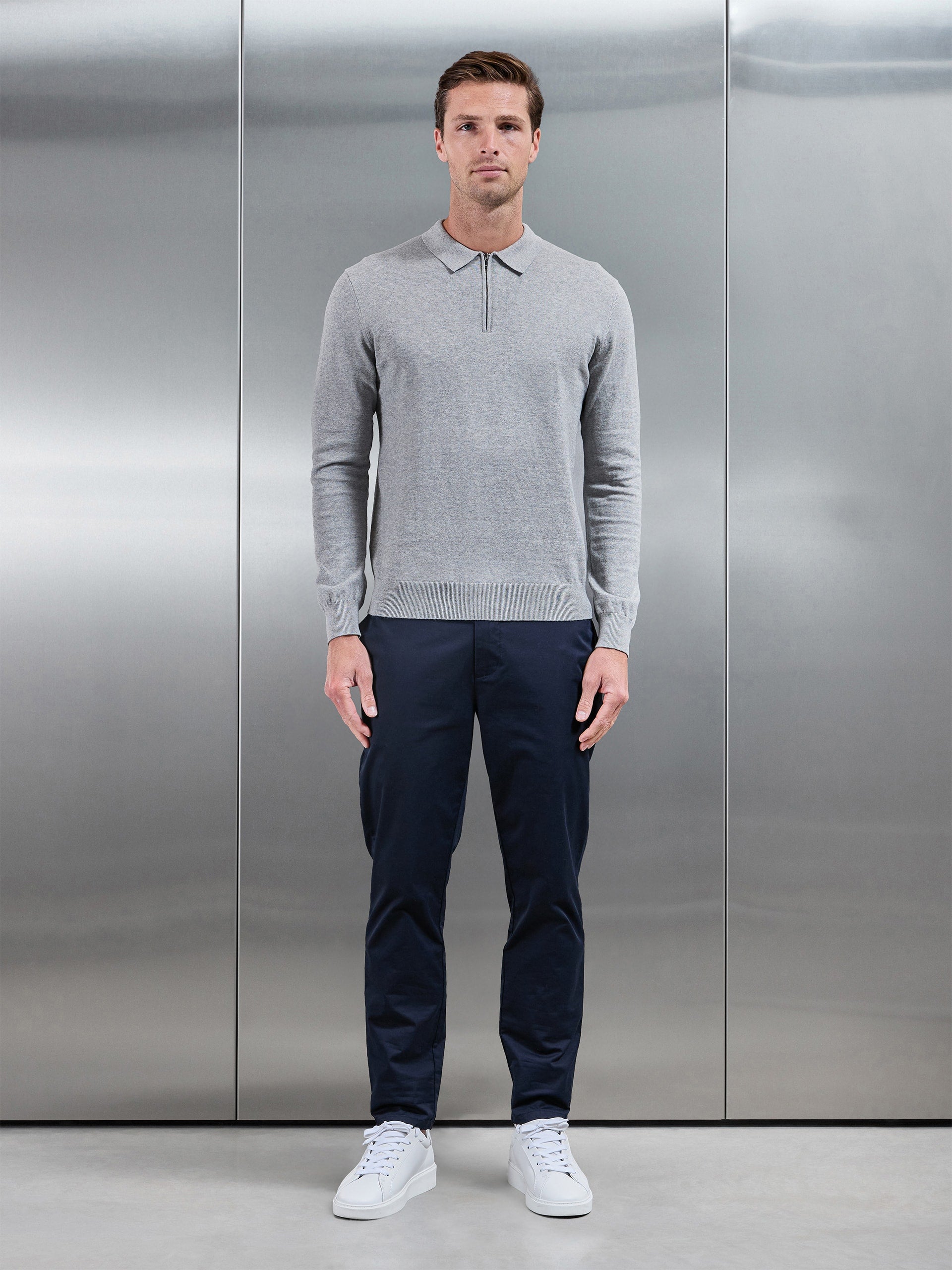 Cotton Knitted Long Sleeve Zip Polo Shirt in Marl Grey