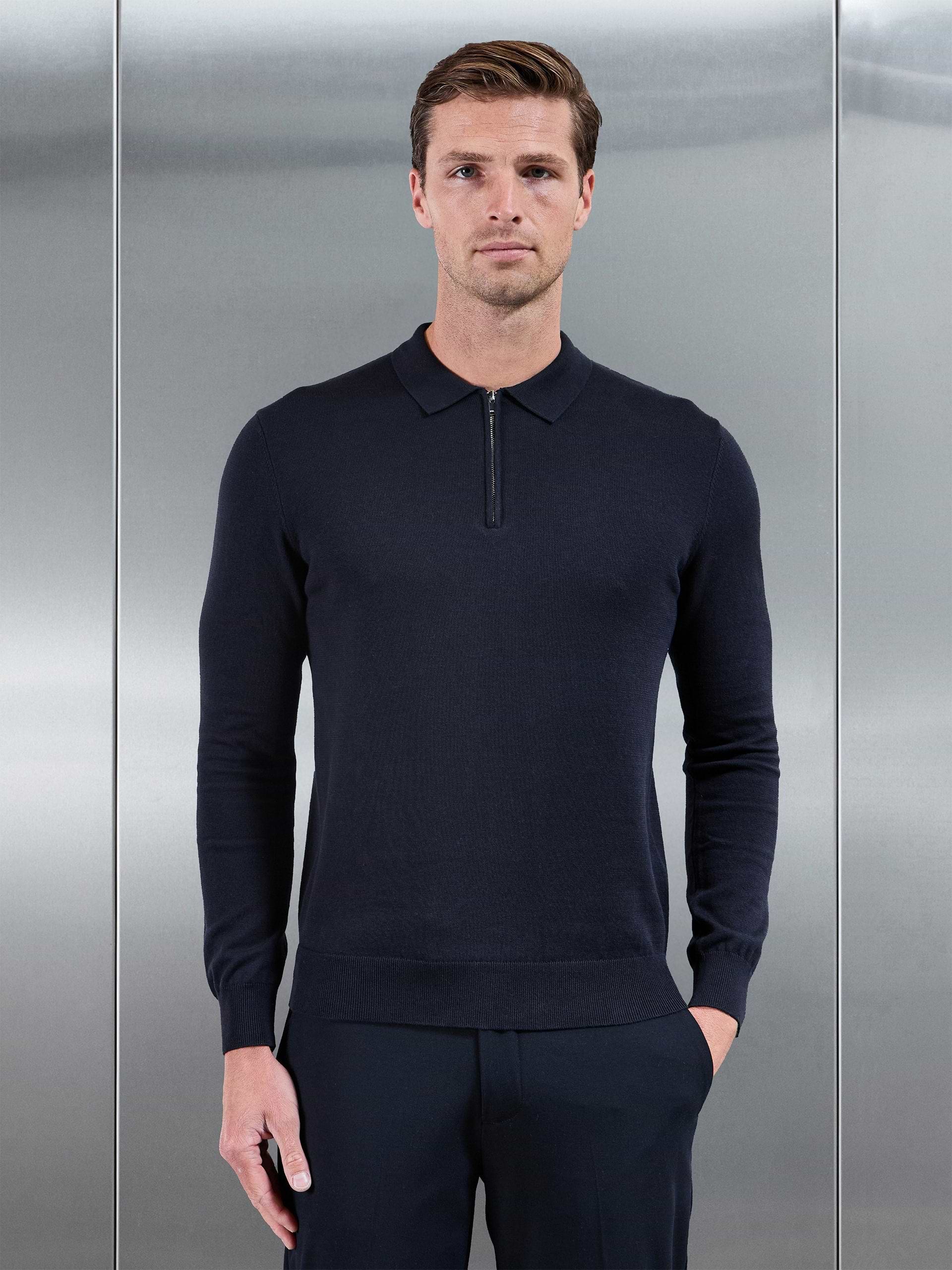 Cotton Knitted Long Sleeve Zip Polo Shirt in Navy
