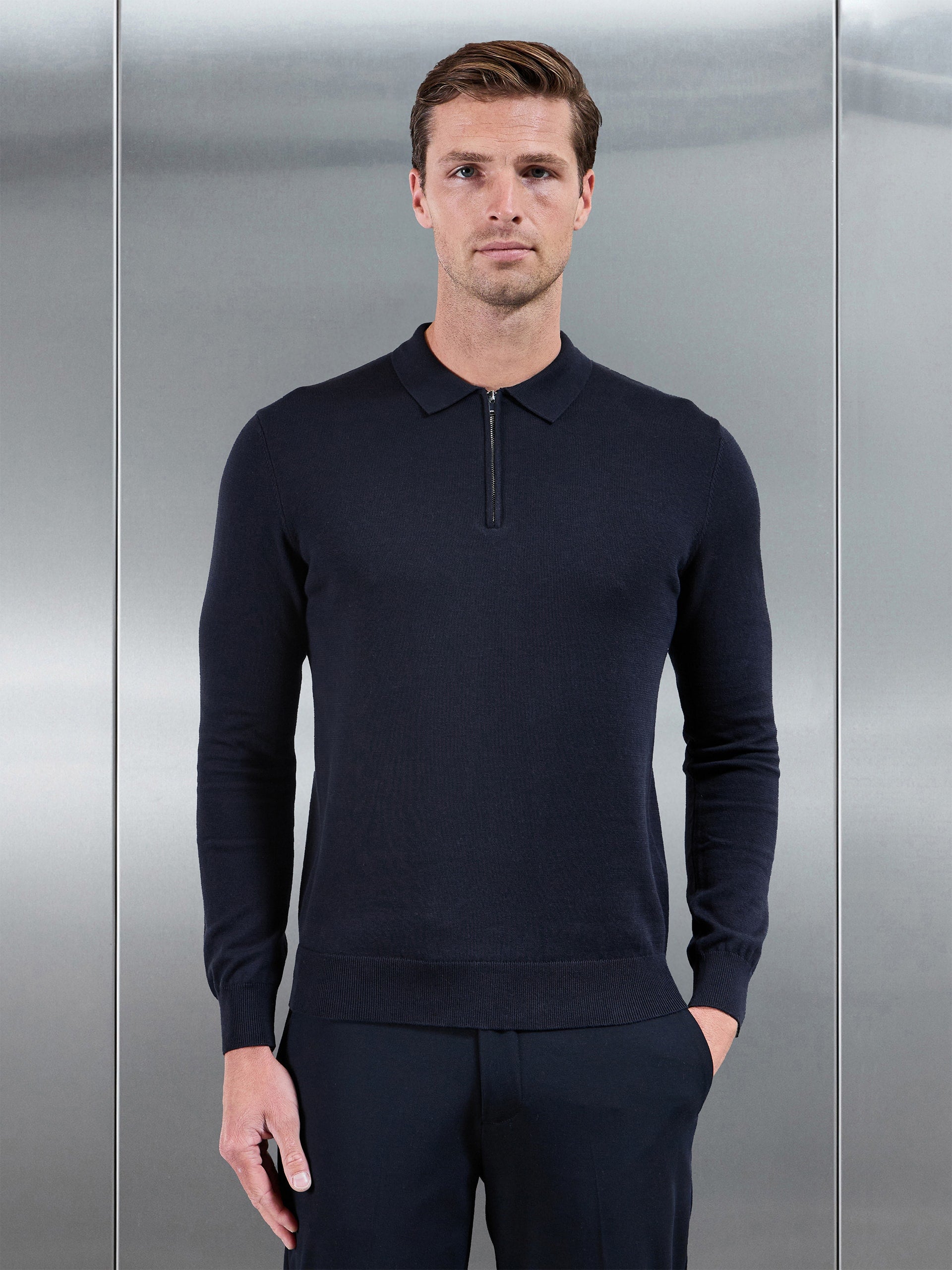 Cotton Knitted Long Sleeve Zip Polo Shirt in Navy